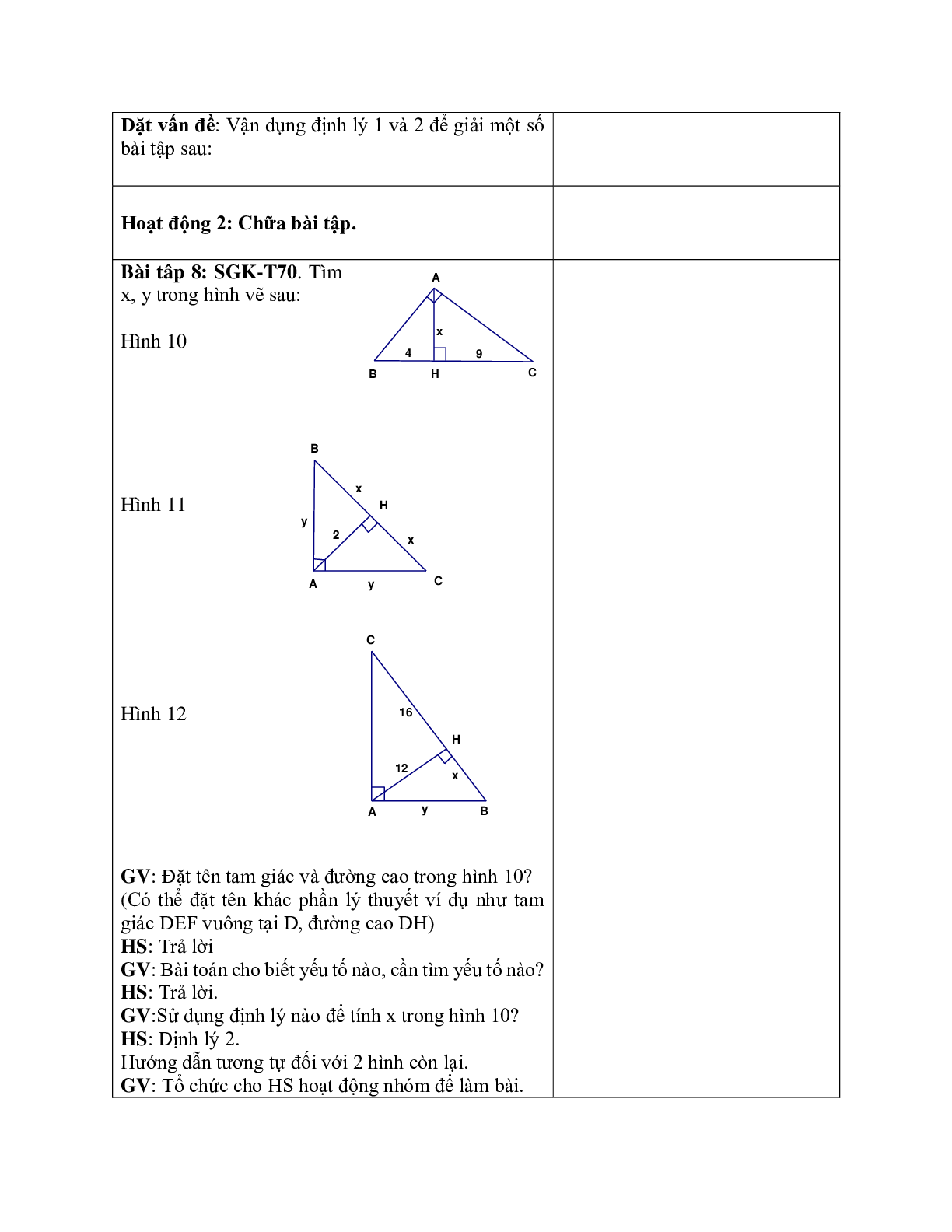 Giáo án Hình học 9 chương 1 bài 1: Hệ thức giữa cạnh và đường cao trong tam giác vuông mới nhất (trang 10)