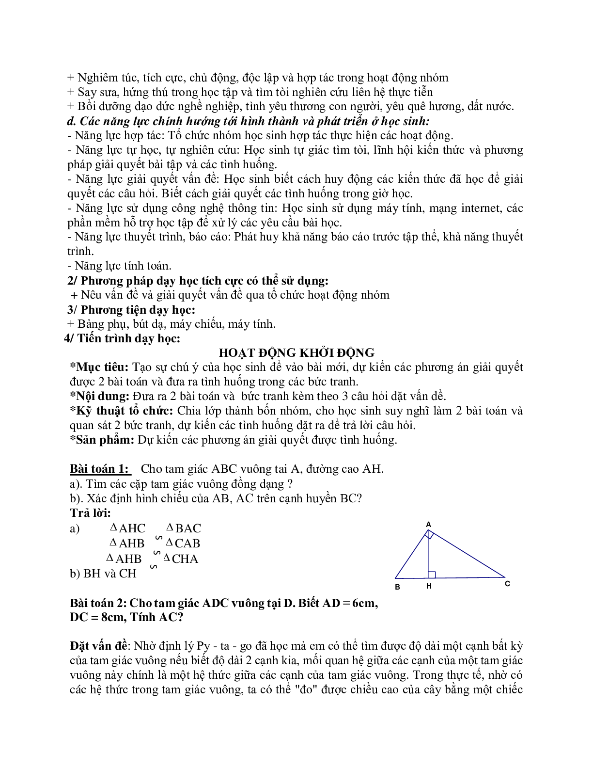Giáo án Hình học 9 chương 1 bài 1: Hệ thức giữa cạnh và đường cao trong tam giác vuông mới nhất (trang 2)