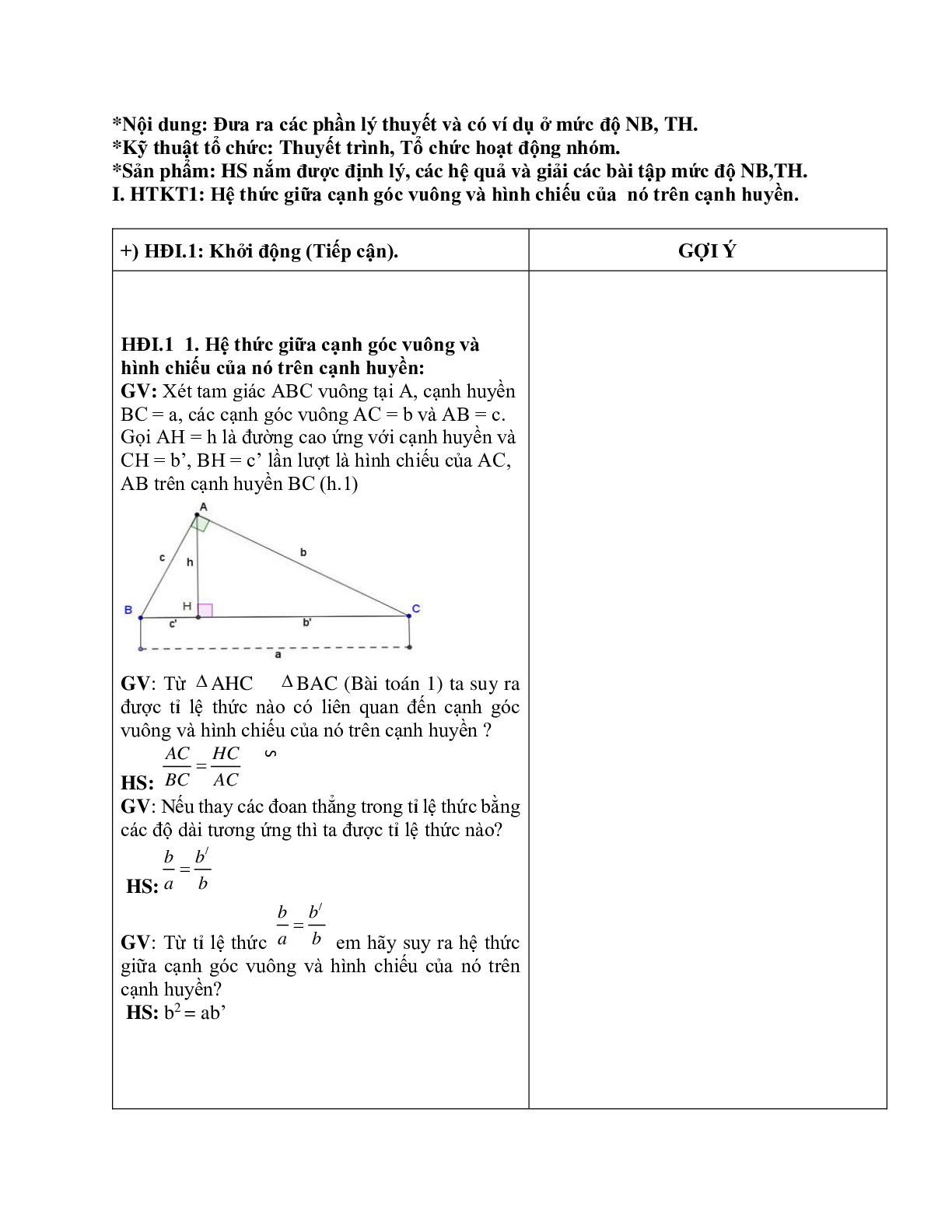 Giáo án Hình học 9 chương 1 bài 1: Hệ thức giữa cạnh và đường cao trong tam giác vuông mới nhất (trang 4)