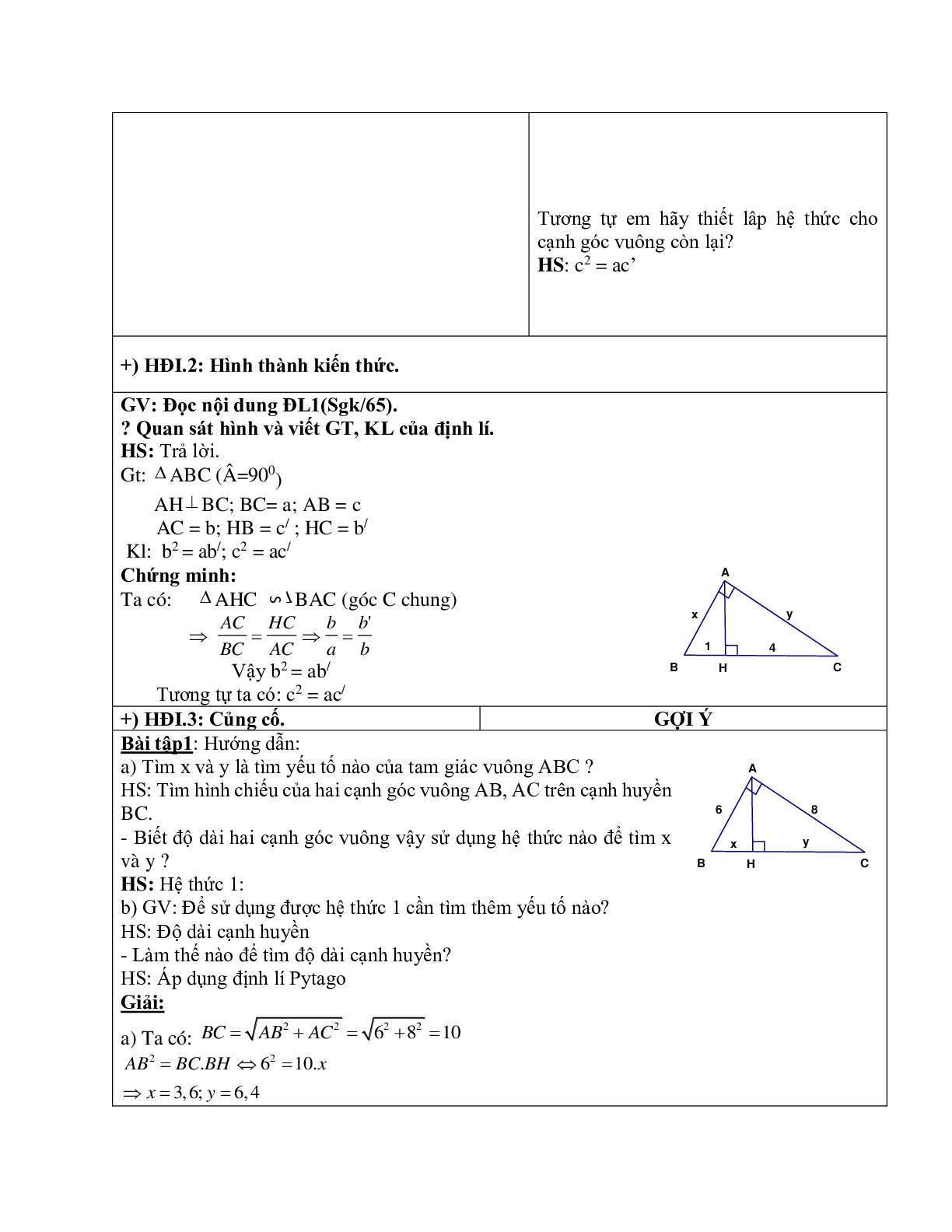 Giáo án Hình học 9 chương 1 bài 1: Hệ thức giữa cạnh và đường cao trong tam giác vuông mới nhất (trang 5)