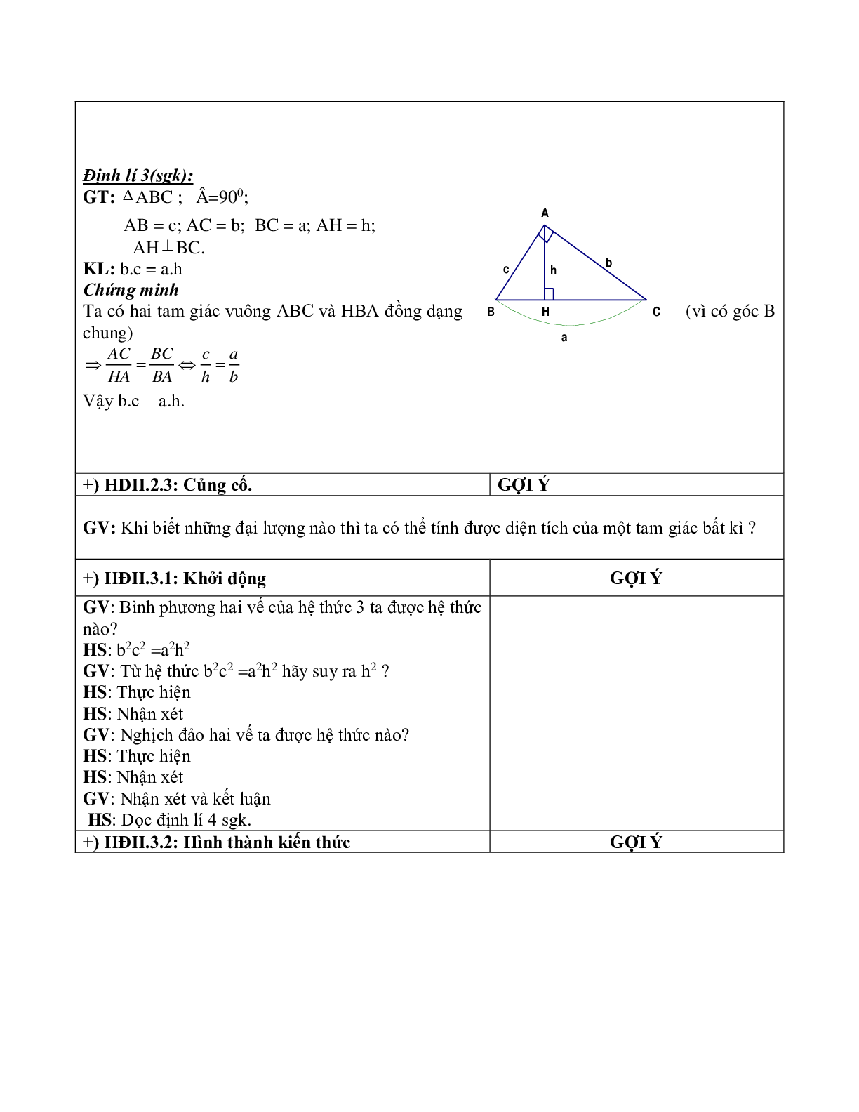 Giáo án Hình học 9 chương 1 bài 1: Hệ thức giữa cạnh và đường cao trong tam giác vuông mới nhất (trang 8)