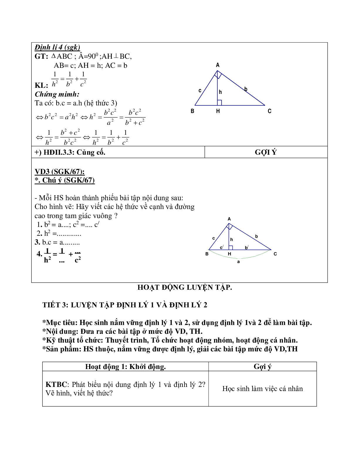 Giáo án Hình học 9 chương 1 bài 1: Hệ thức giữa cạnh và đường cao trong tam giác vuông mới nhất (trang 9)