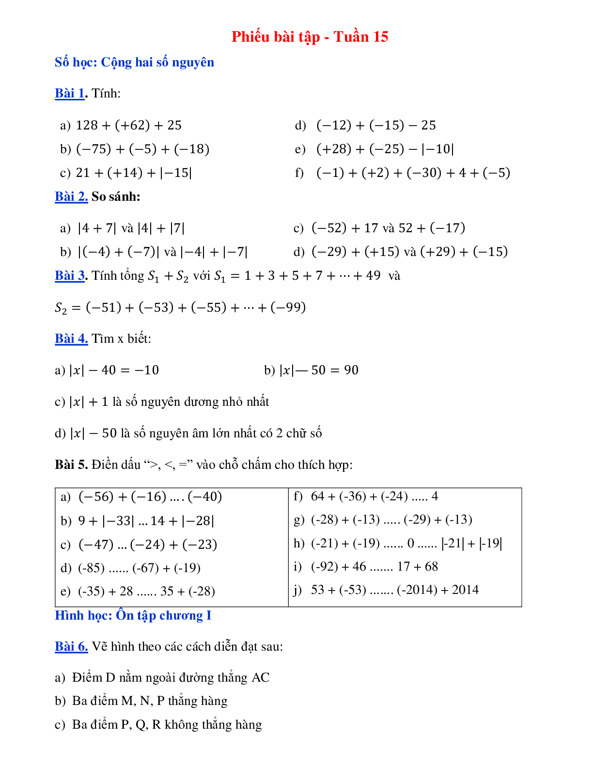 Phiếu bài tập tuần 15 - Toán 6 (trang 1)