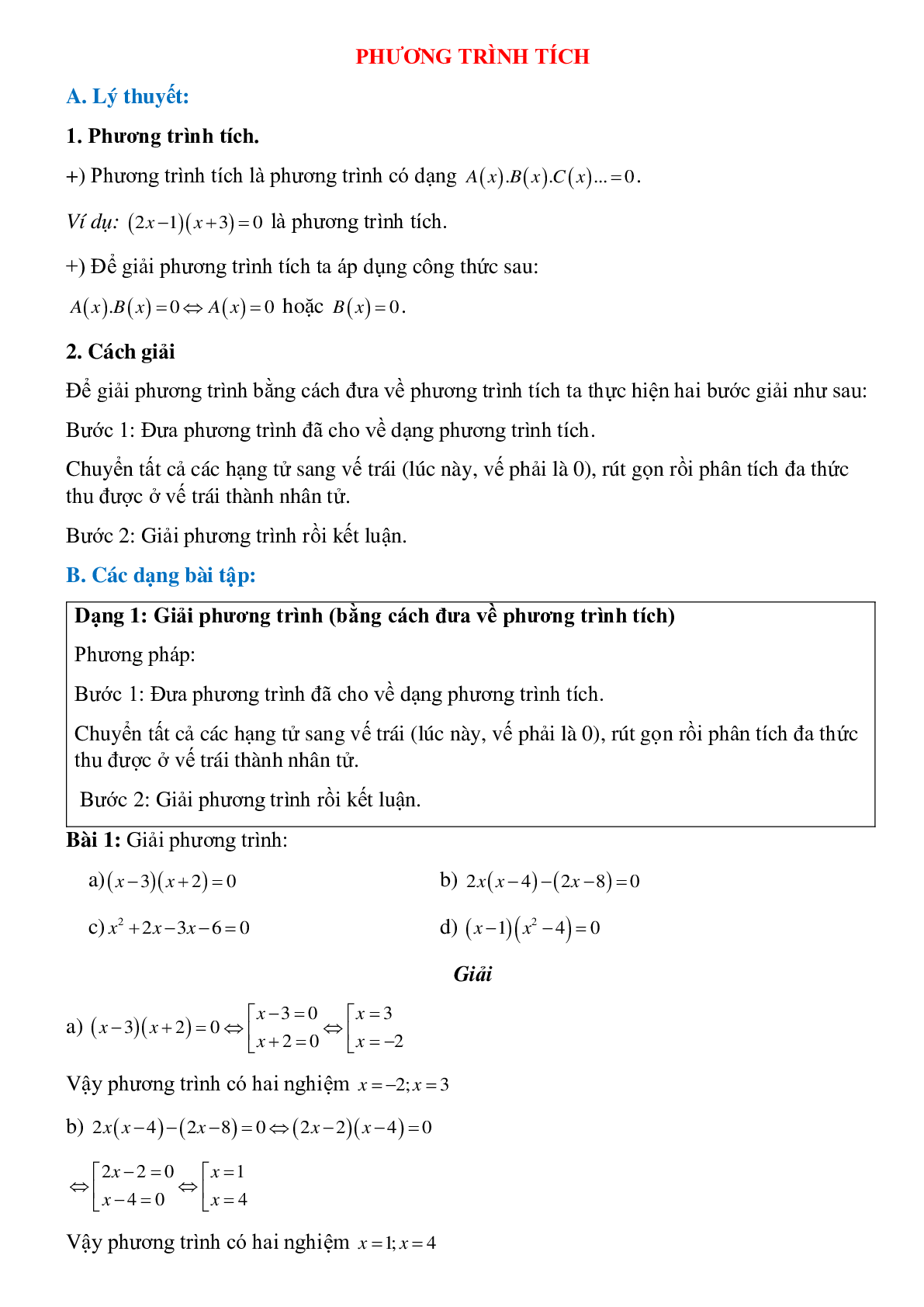 Phương pháp giải và bài tập về Phương trình tích toán lớp 8 chọn lọc (trang 1)