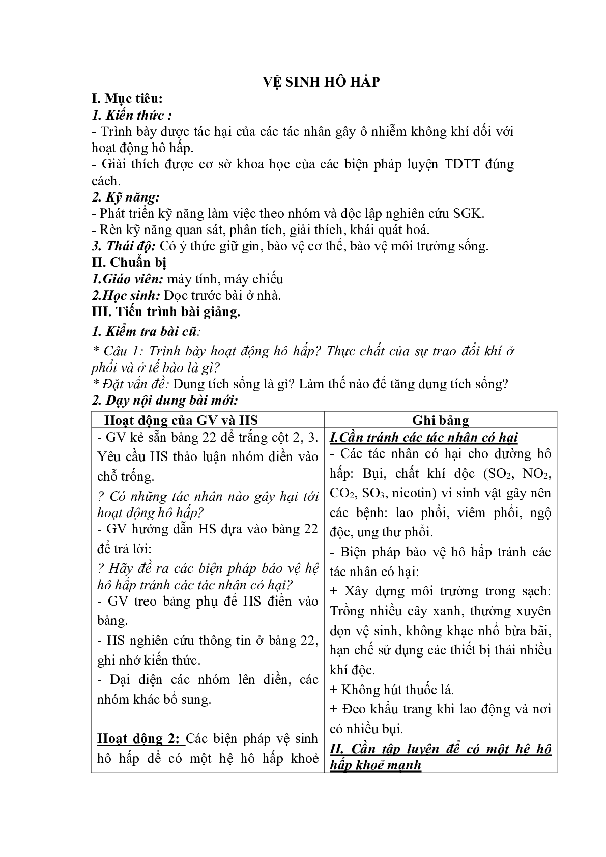 Giáo án Sinh học 8 Bài 22: Vệ sinh hô hấp mới, chuẩn nhất (trang 1)