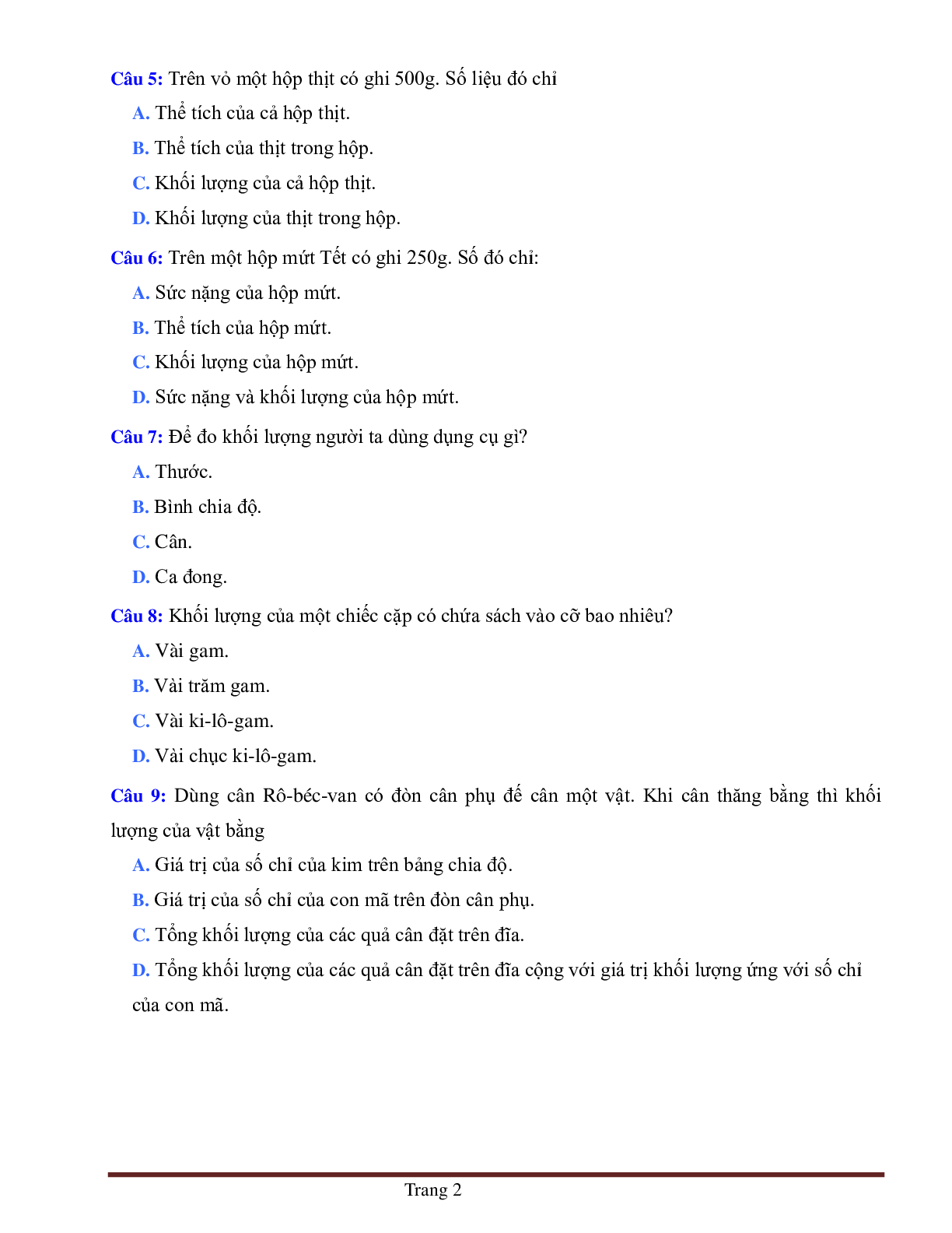 BÀI TẬP TRẮC NGHIỆM MÔN VẬT LÝ LỚP 6 BÀI 5: KHỐI LƯỢNG, ĐO KHỐI LƯỢNG (trang 2)
