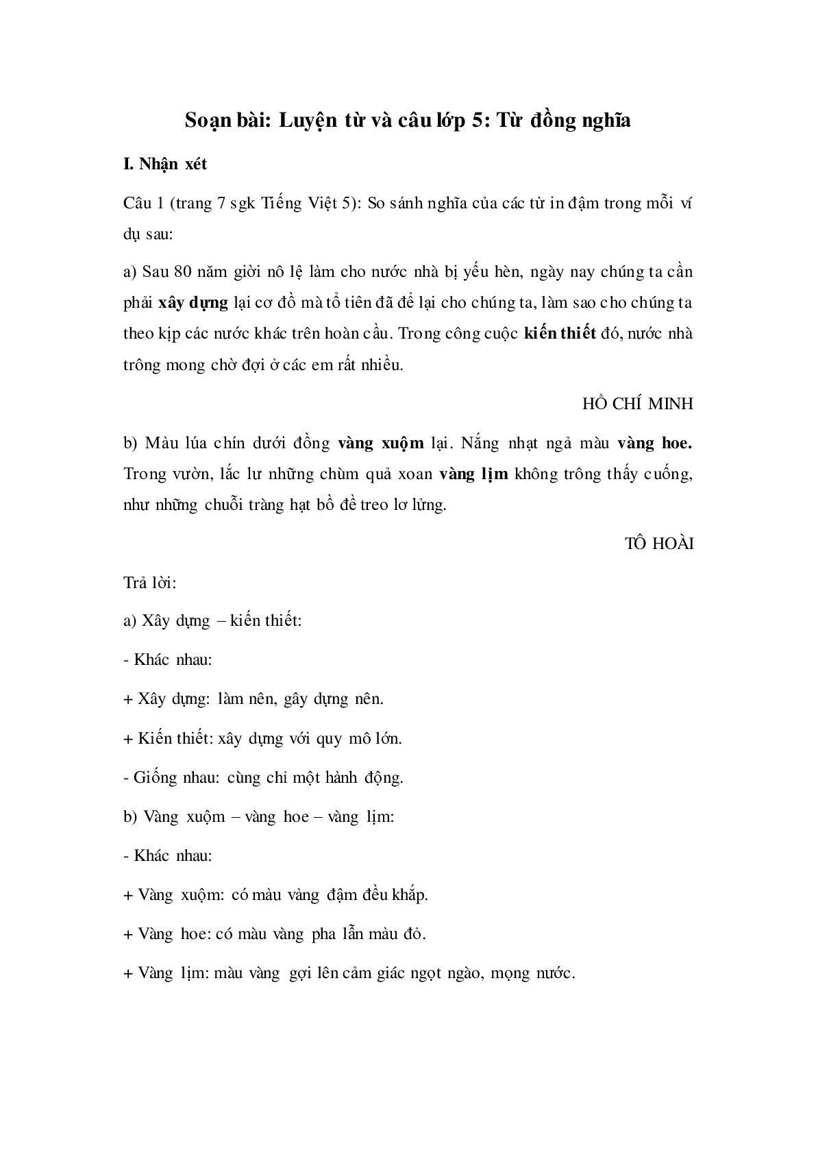 Soạn Tiếng Việt lớp 5: Luyện từ và câu- Từ đồng nghĩa mới nhất (trang 1)