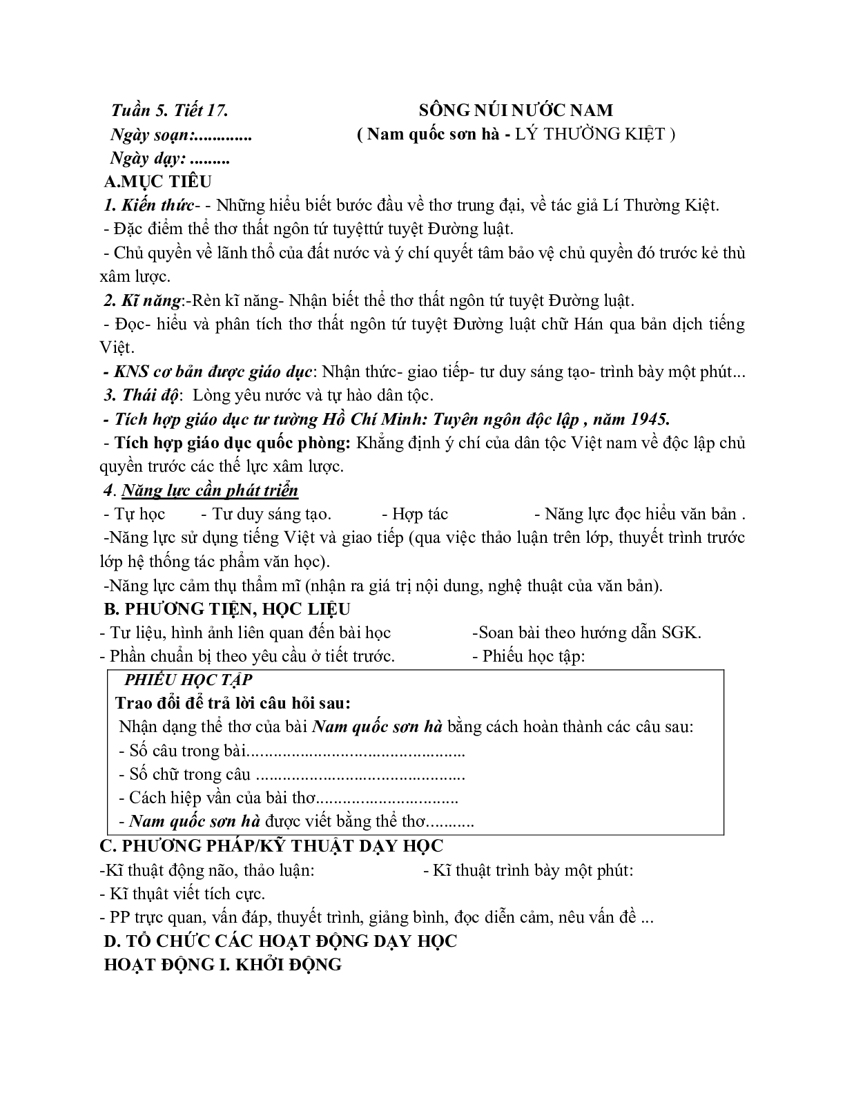 Giáo án ngữ văn lớp 7 Tuần 5 Tiết 17: Sông núi nước Nam mới nhất (trang 1)
