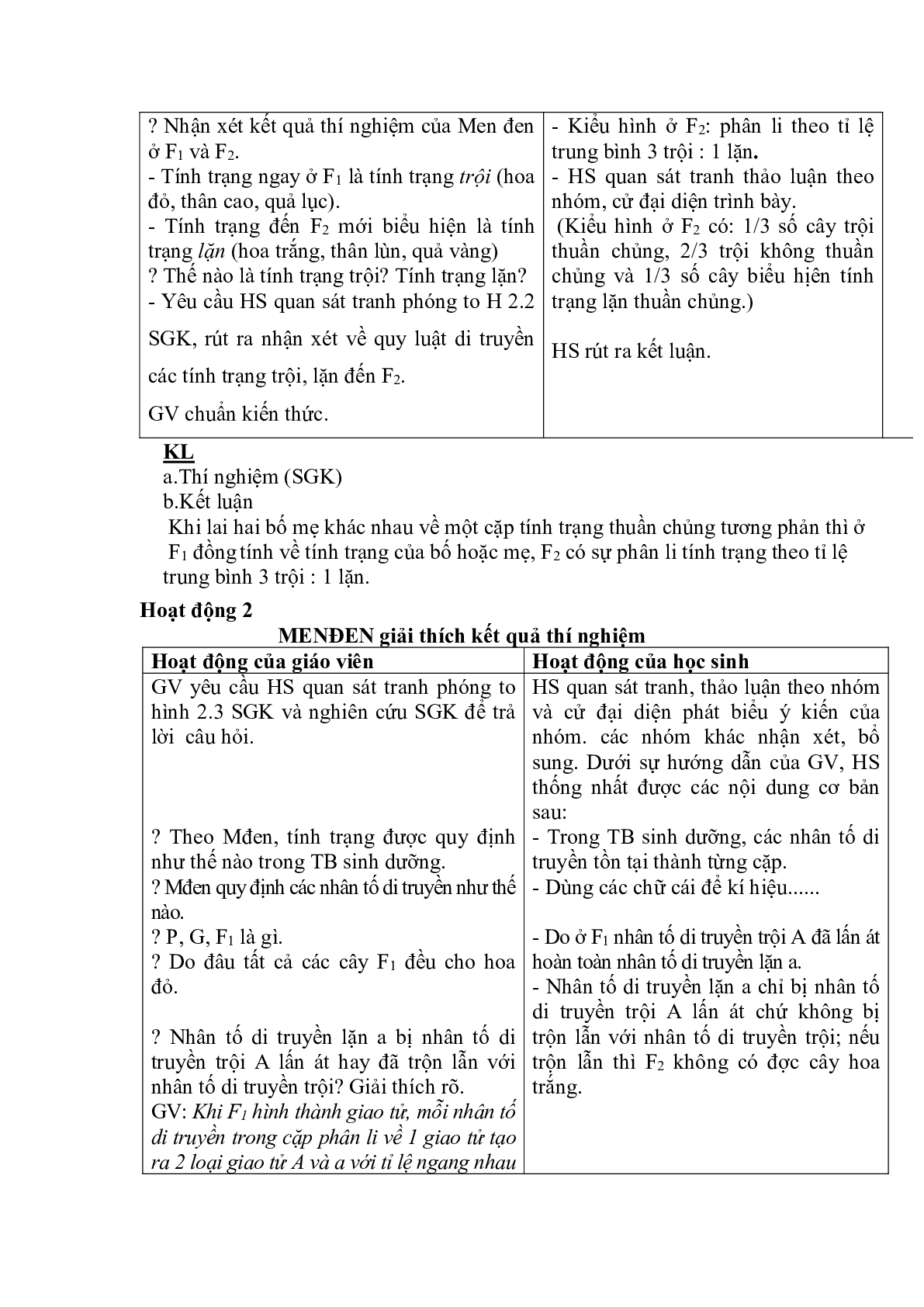 Giáo án Sinh học 9 Bài 2: Lai một cặp tính trạng mới, chuẩn nhất (trang 2)
