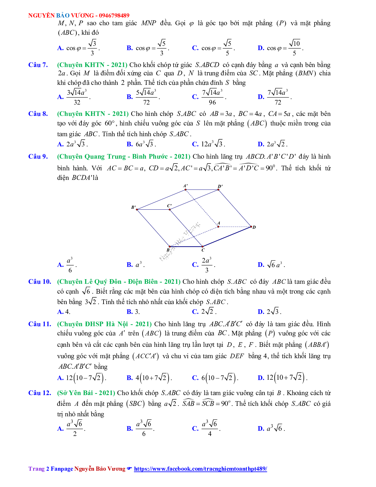 Trắc nghiệm Ôn thi THPT QG Toán 12: Câu hỏi khối đa diện - thể tích khối đa diện mức độ vận dụng cao (trang 2)