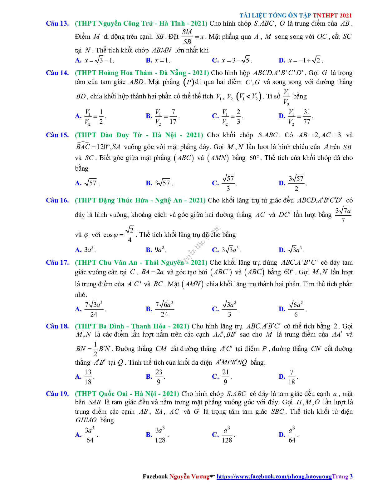 Trắc nghiệm Ôn thi THPT QG Toán 12: Câu hỏi khối đa diện - thể tích khối đa diện mức độ vận dụng cao (trang 3)