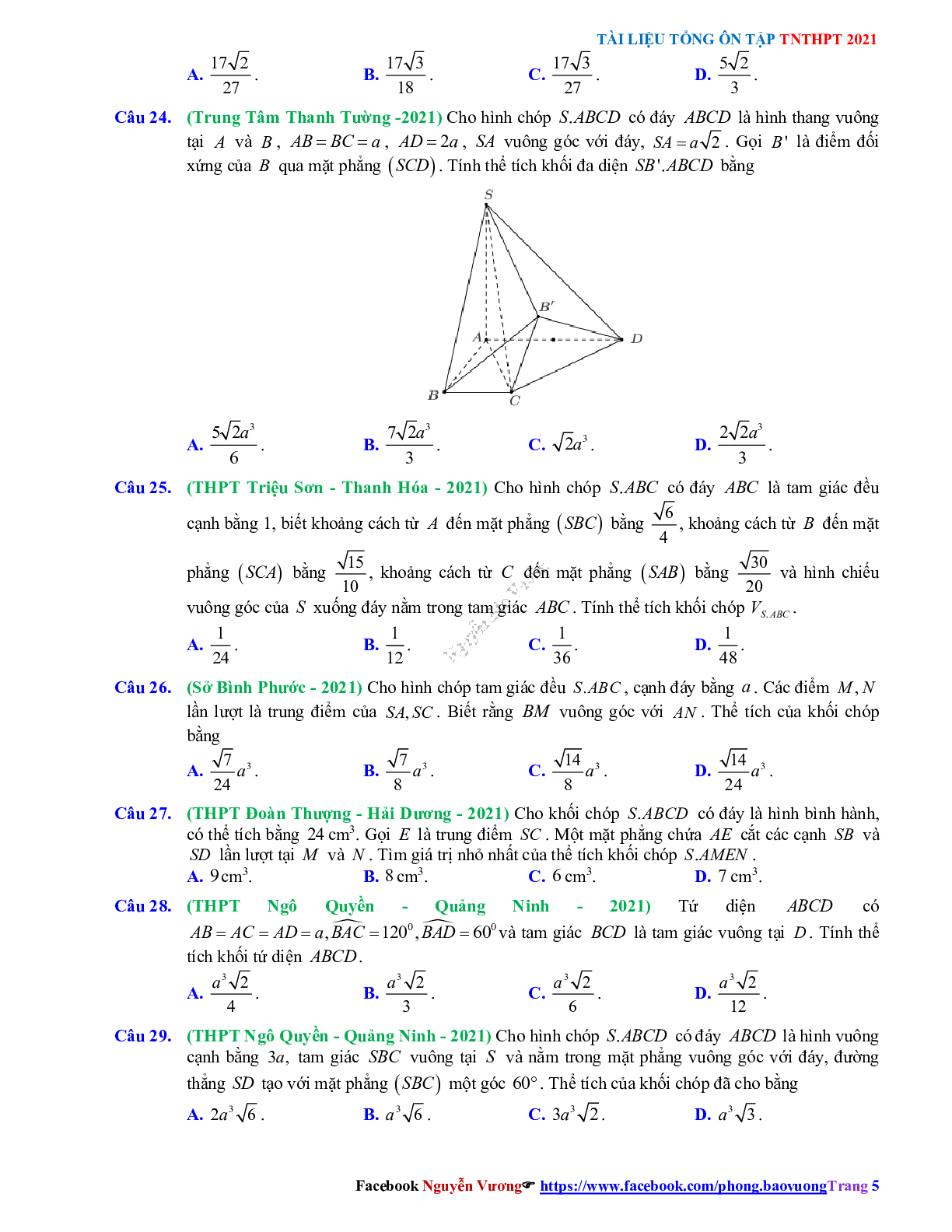 Trắc nghiệm Ôn thi THPT QG Toán 12: Câu hỏi khối đa diện - thể tích khối đa diện mức độ vận dụng cao (trang 5)