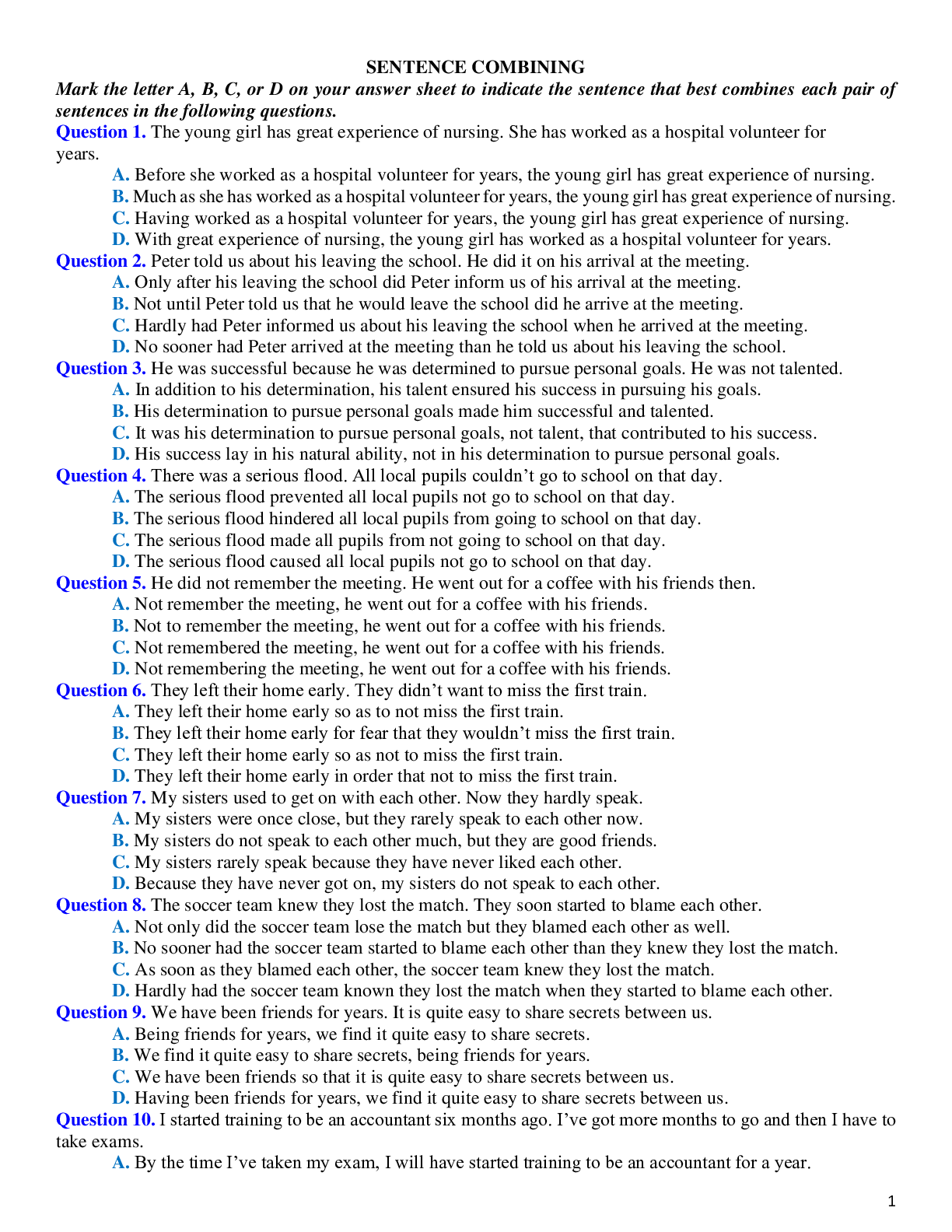 Bài tập kết hợp câu chọn lọc - Tiếng anh 12 (trang 1)