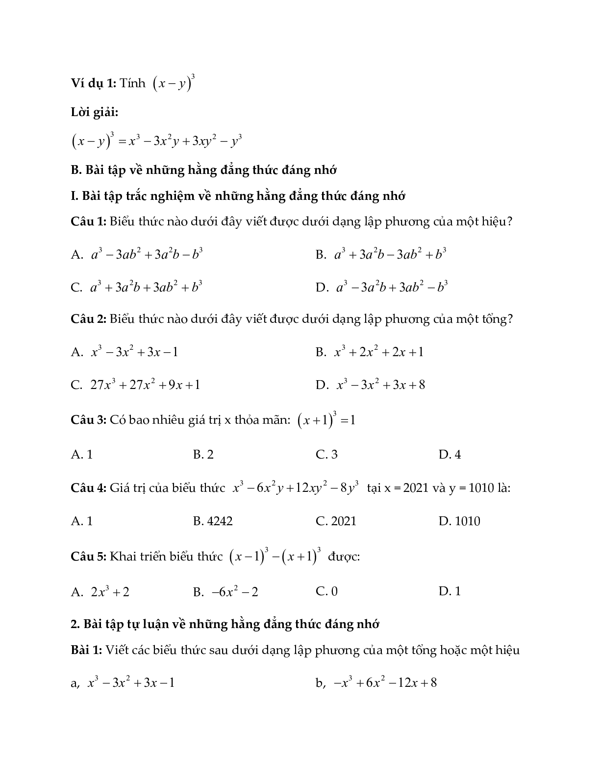 Lý thuyết Toán lớp 8 Bài 4: Những hằng đẳng thức đáng nhớ (tiếp) (trang 2)