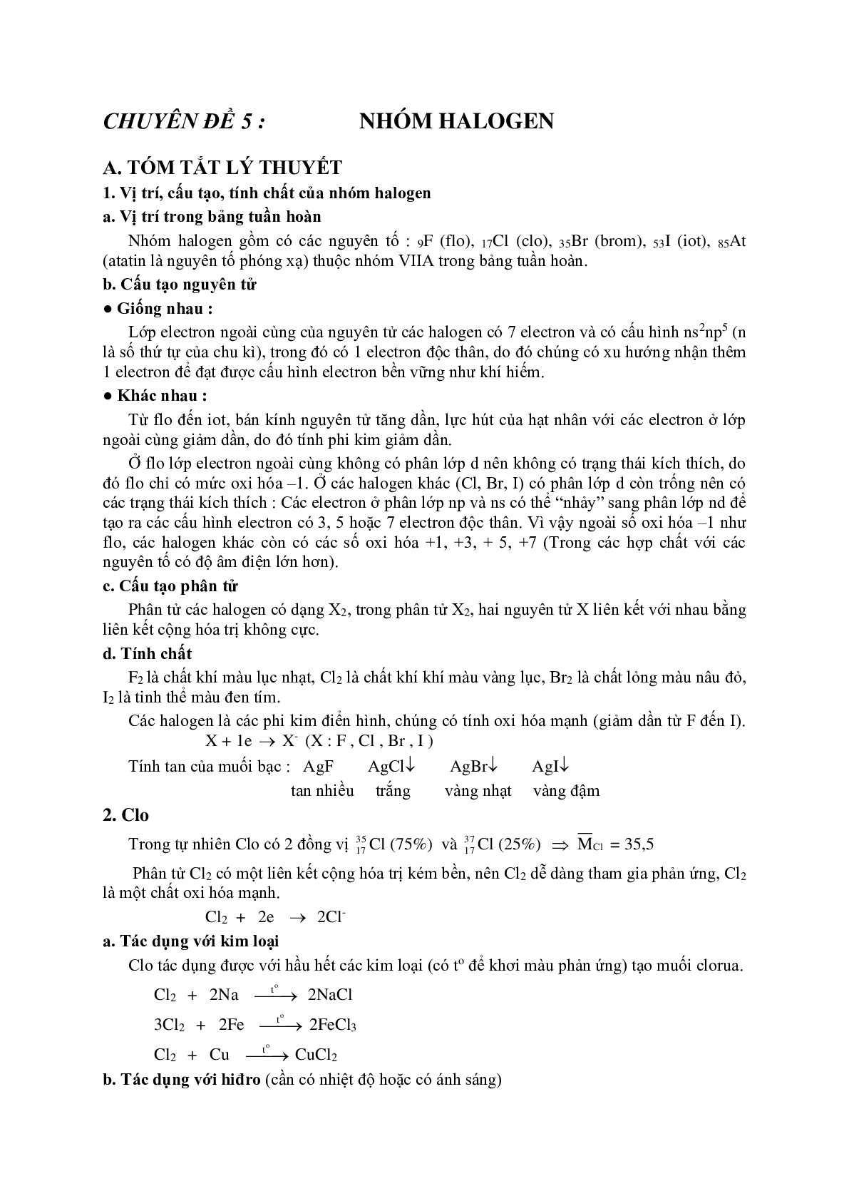Lý thuyết và bài tập trắc nghiệm Chương Nhóm halogen môn Hóa lớp 10 có đáp án (trang 1)