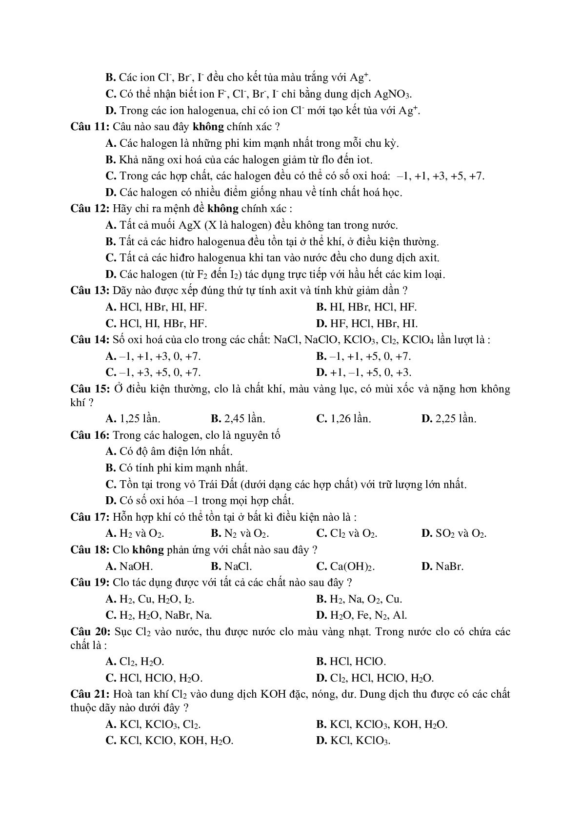 Lý thuyết và bài tập trắc nghiệm Chương Nhóm halogen môn Hóa lớp 10 có đáp án (trang 8)