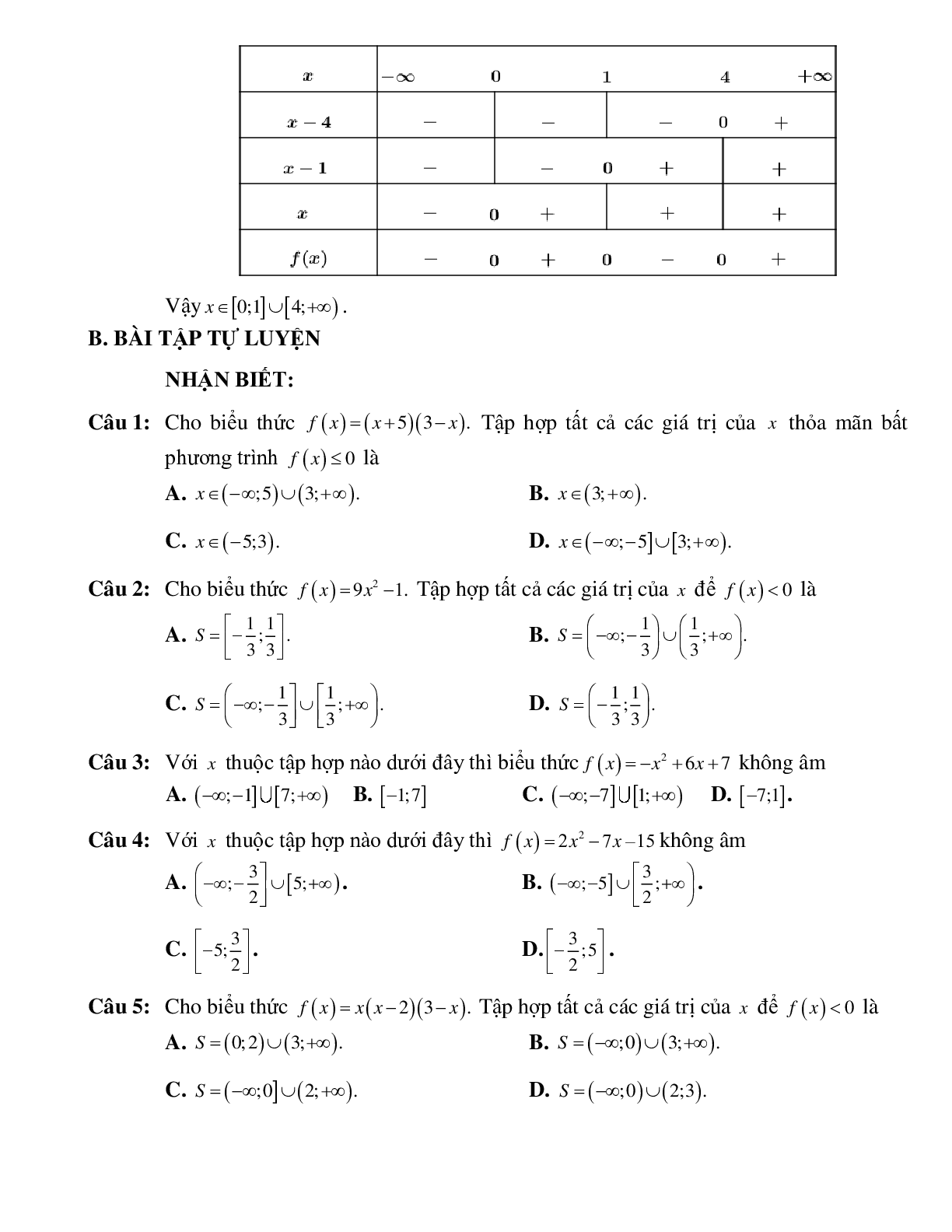 Bài tập ứng dụng dấu của nhị thức bậc nhất giải bất phương trình tích Toán 10 (trang 3)
