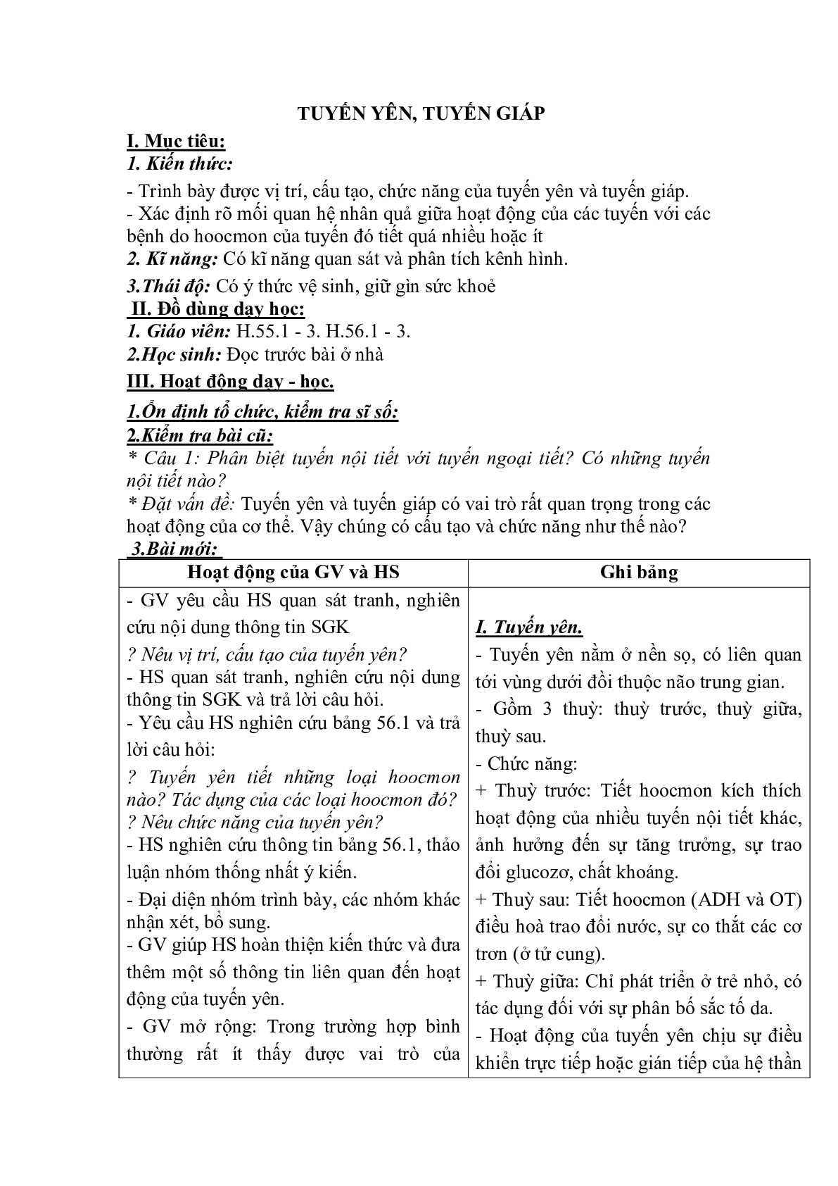 Giáo án Sinh học 8 Bài 56: Tuyến yên, tuyến giáp mới, chuẩn nhất (trang 1)