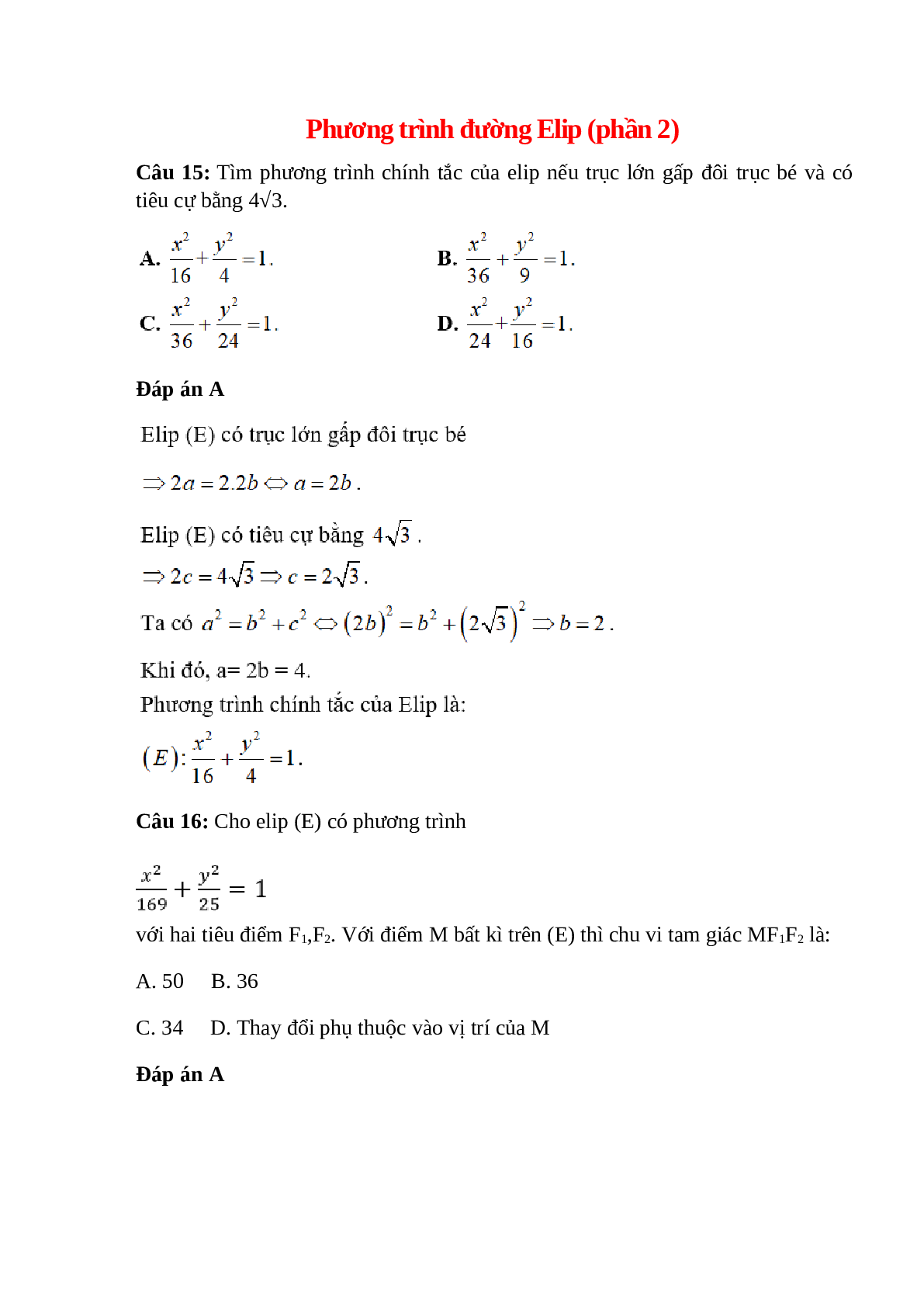 Trắc nghiệm Phương trình đường Elip (phần 2) có đáp án – Toán lớp 10 (trang 1)