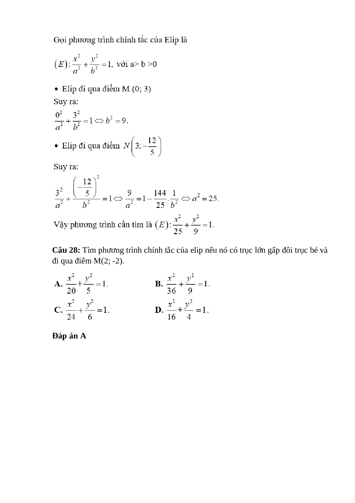 Trắc nghiệm Phương trình đường Elip (phần 2) có đáp án – Toán lớp 10 (trang 10)