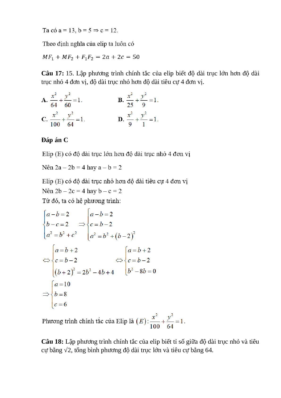 Trắc nghiệm Phương trình đường Elip (phần 2) có đáp án – Toán lớp 10 (trang 2)