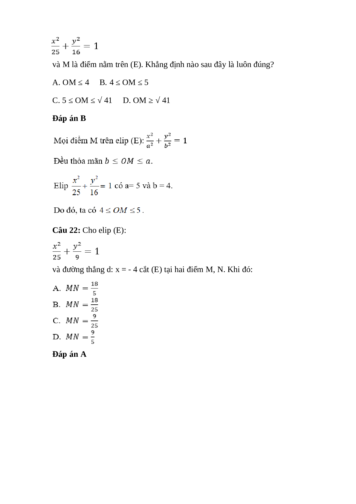 Trắc nghiệm Phương trình đường Elip (phần 2) có đáp án – Toán lớp 10 (trang 5)