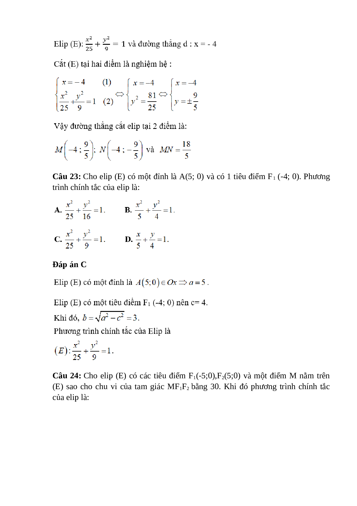 Trắc nghiệm Phương trình đường Elip (phần 2) có đáp án – Toán lớp 10 (trang 6)