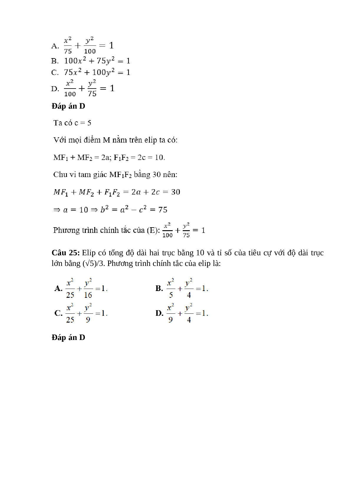 Trắc nghiệm Phương trình đường Elip (phần 2) có đáp án – Toán lớp 10 (trang 7)