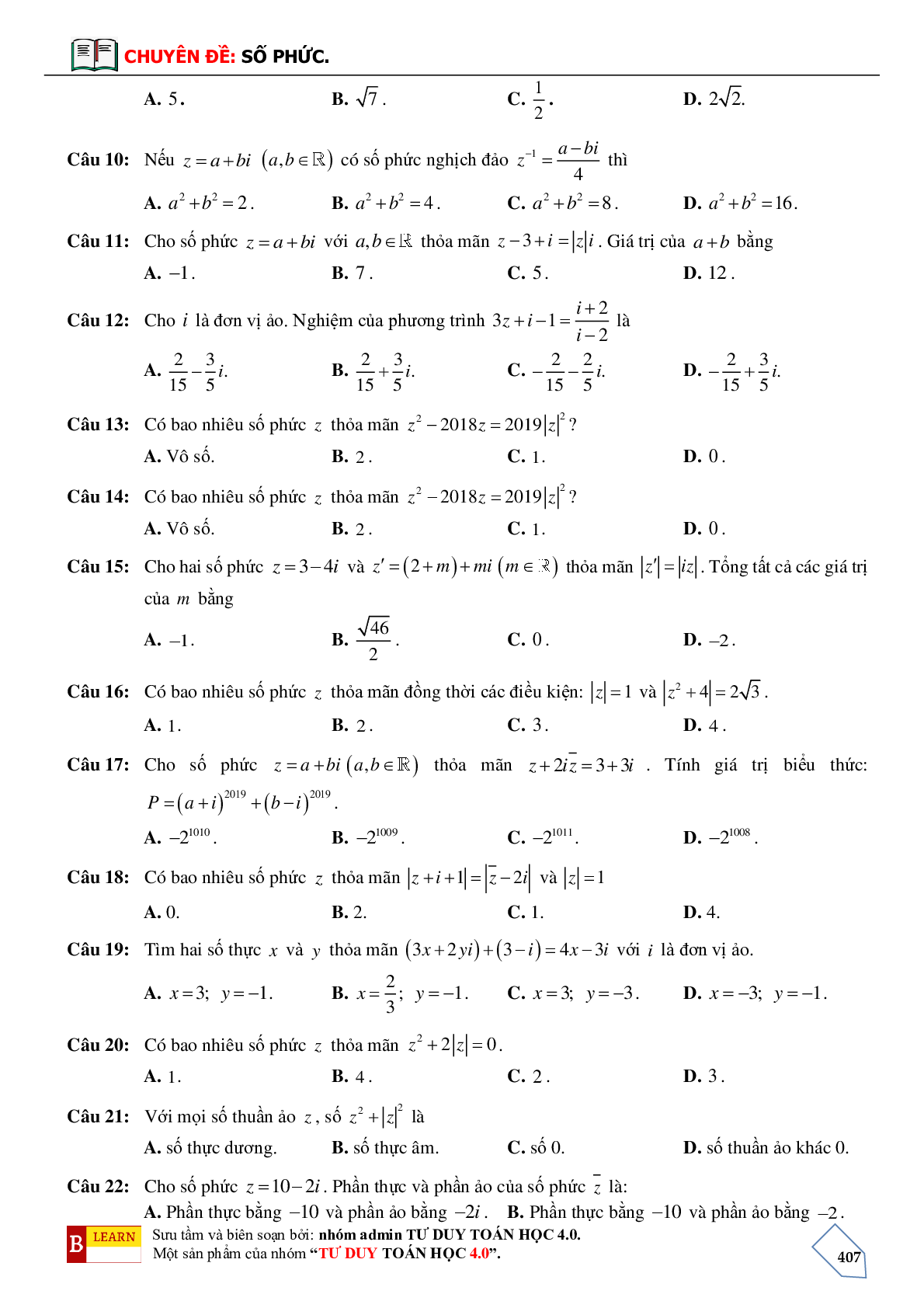 Tuyển chọn các câu Vận dụng cao Số phức bám sát câu 47 đề minh họa THPTQG năm 2021 (trang 4)
