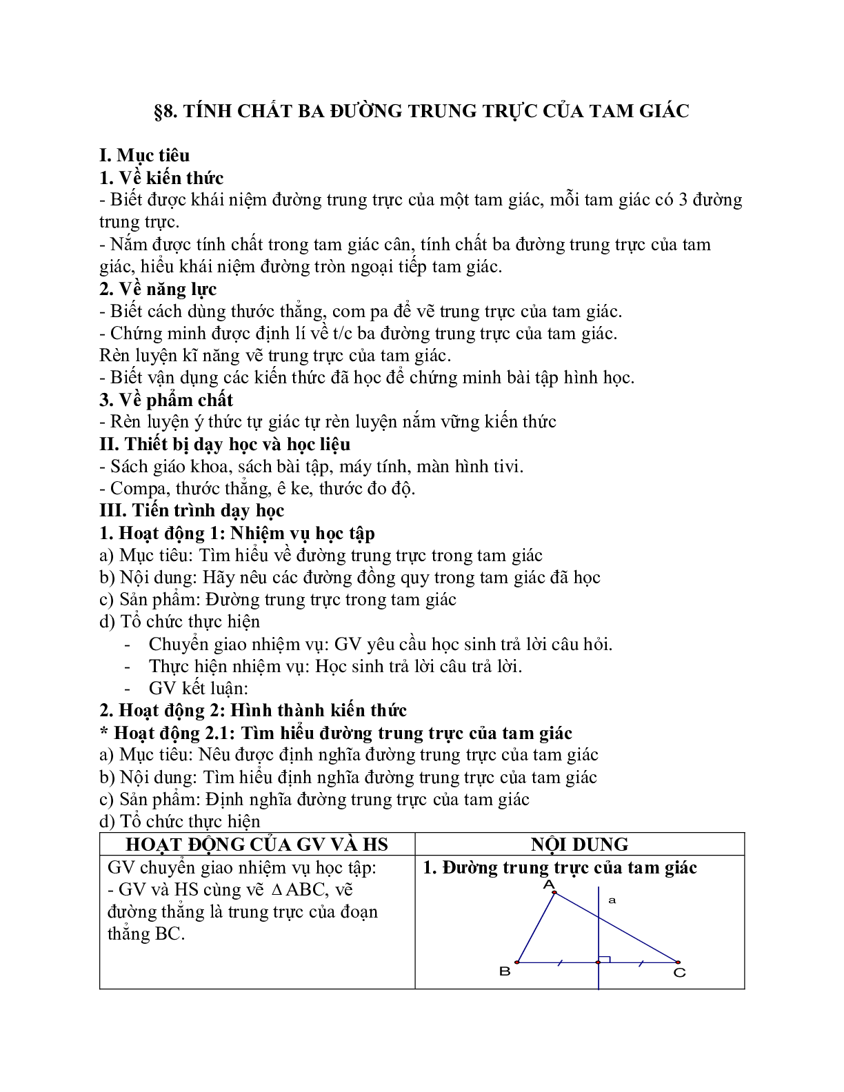 Giáo án Toán học 7 bài 8: Tính chất ba đường trung trực của tam giác chuẩn nhất (trang 1)