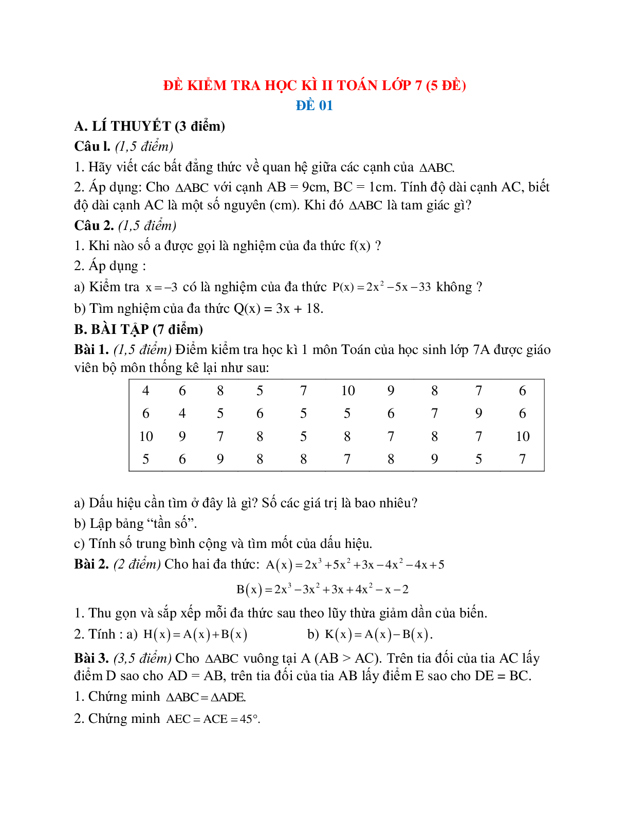 Đề kiểm tra học kì 2 toán lớp 7 (5 đề) (trang 1)