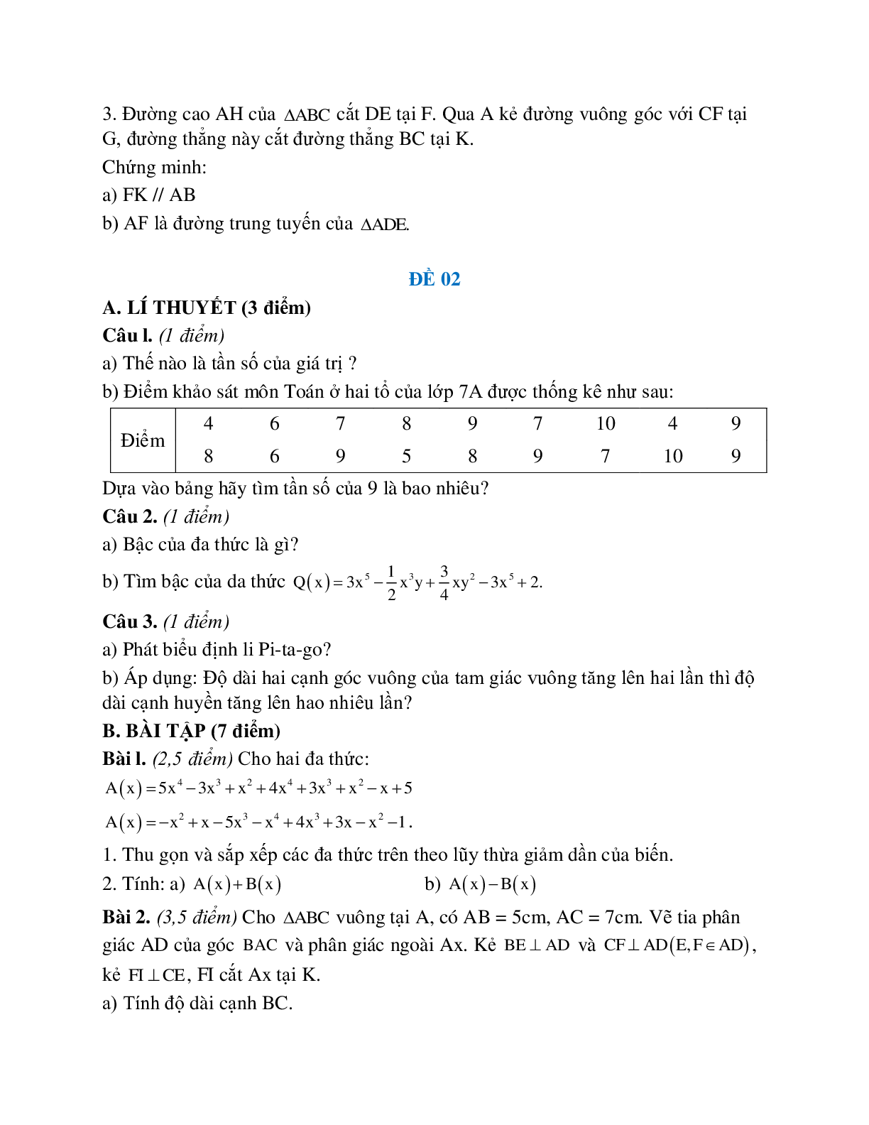Đề kiểm tra học kì 2 toán lớp 7 (5 đề) (trang 2)