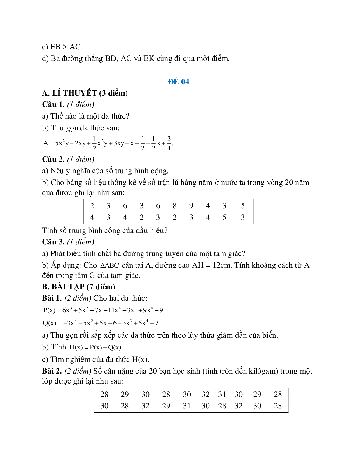 Đề kiểm tra học kì 2 toán lớp 7 (5 đề) (trang 4)