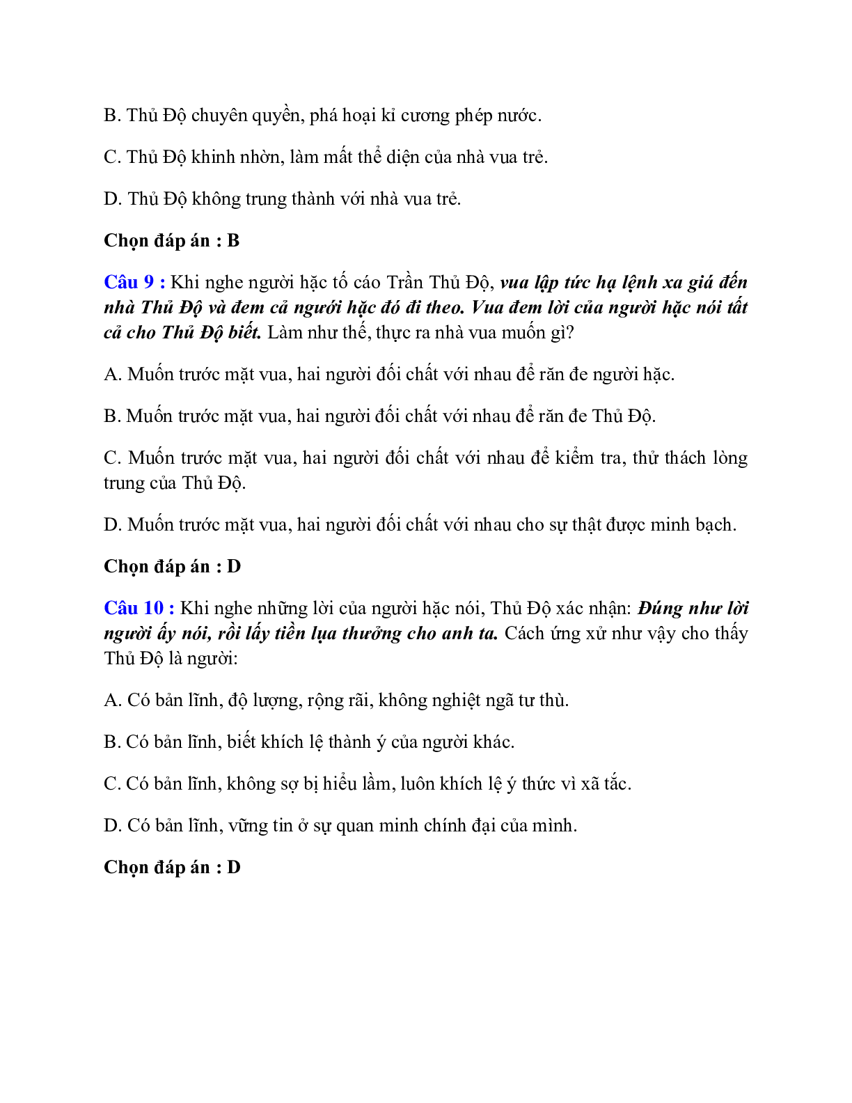Trắc nghiệm Thái sư Trần Thủ Độ (Ngô Sĩ Liên) có đáp án – Ngữ văn lớp 10 (trang 4)