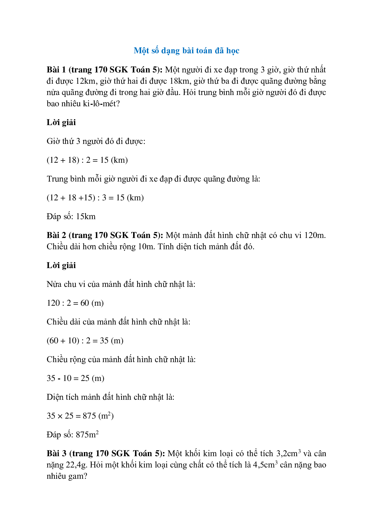 Toán lớp 5 trang 170 Một số dạng bài toán đã học (trang 1)