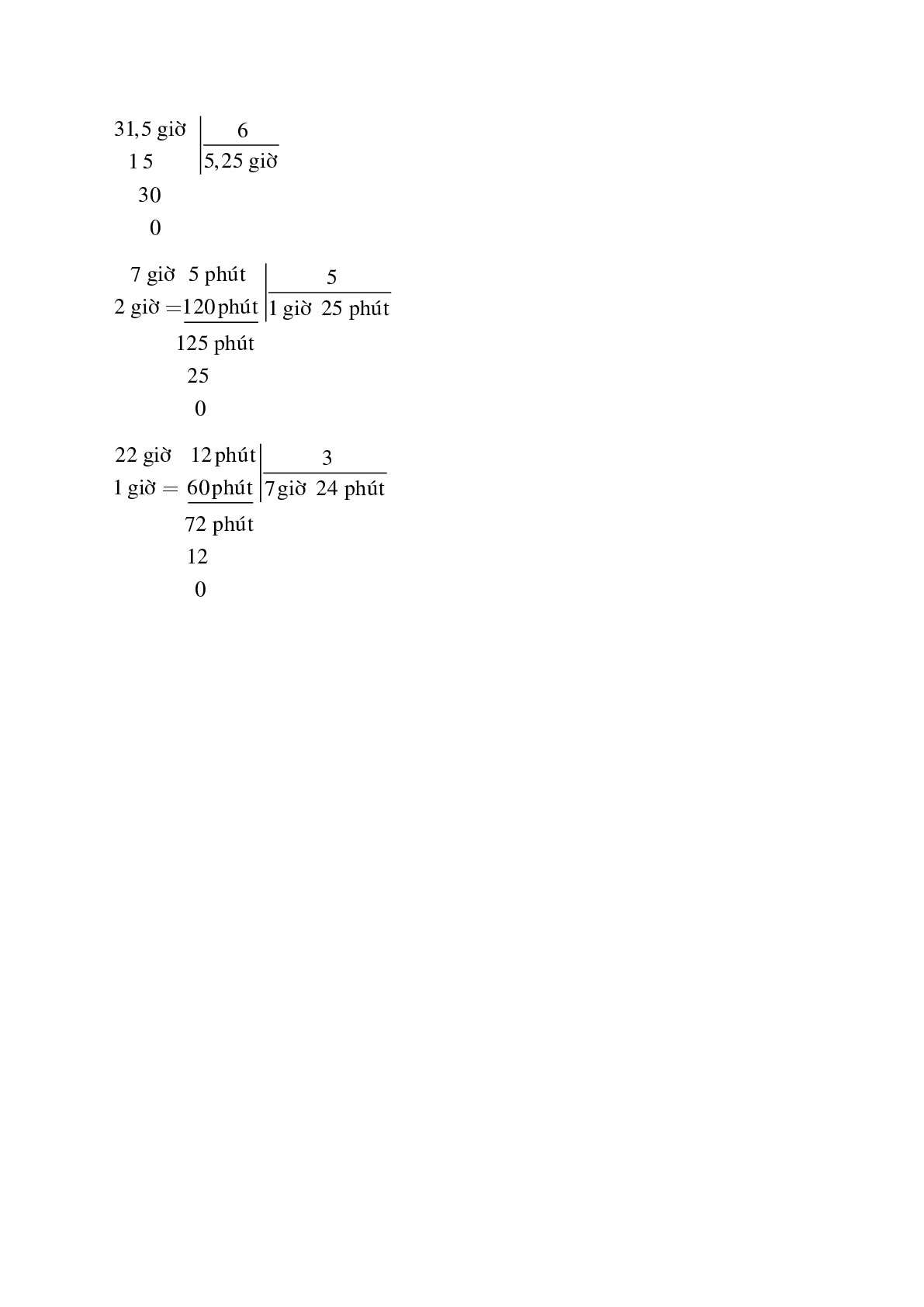 Tính: 12 giờ 64 phút : 4; 31,5 giờ : 6; 7 giờ 5 phút : 5 (trang 2)