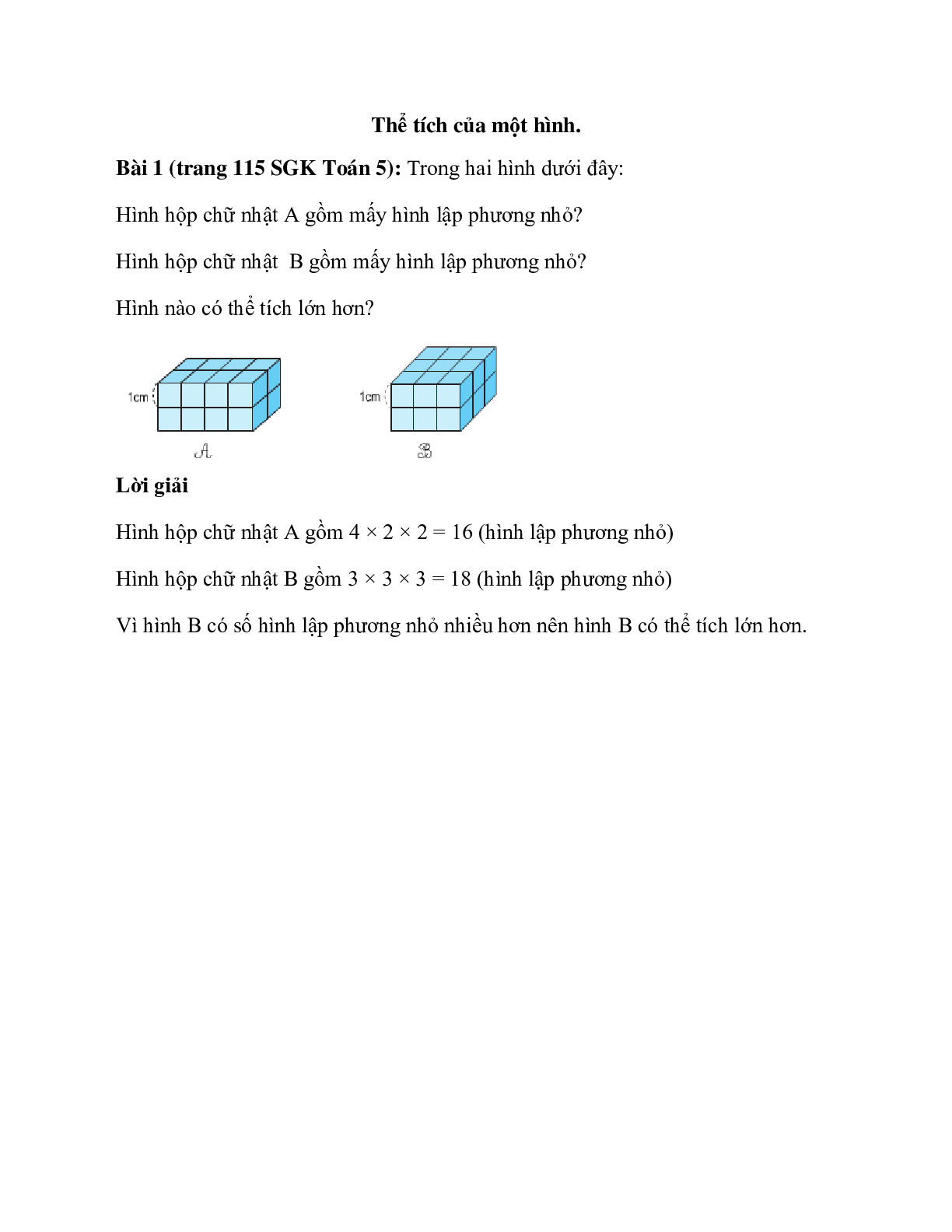 Trong hai hình dưới đây: Hình hộp chữ nhật A gồm mấy hình lập phương nhỏ (trang 1)