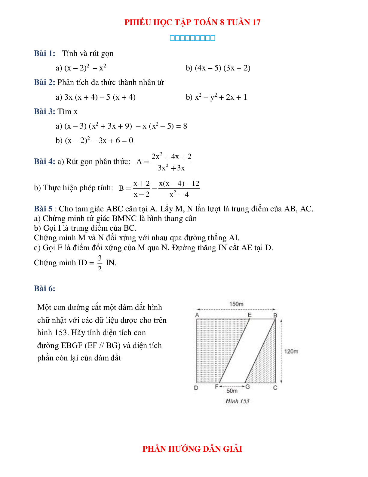 Phiếu bài tập tuần 17 - Toán 8 (trang 1)