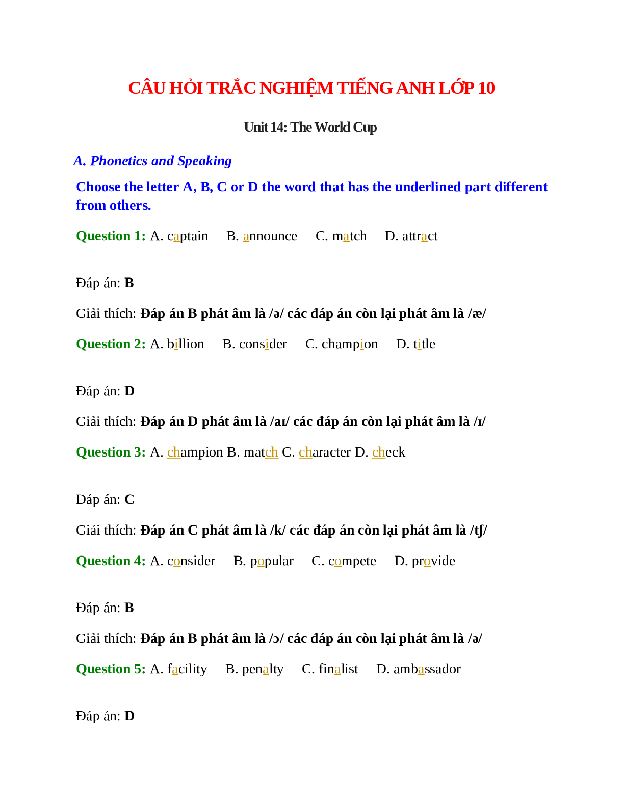 Trắc nghiệm Tiếng Anh 10 Unit 14 có đáp án: The World Cup (trang 1)