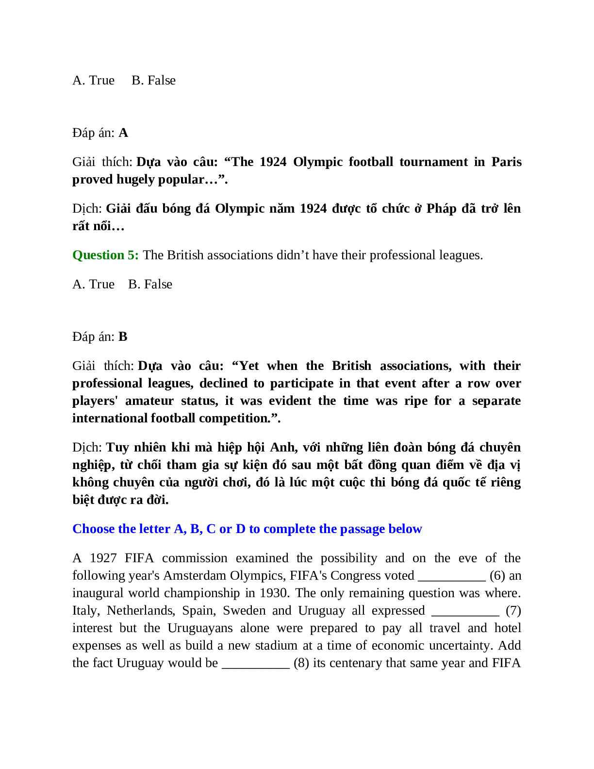 Trắc nghiệm Tiếng Anh 10 Unit 14 có đáp án: The World Cup (trang 10)