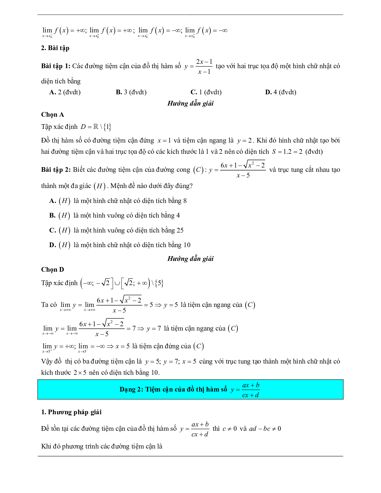 Các dạng bài tập trắc nghiệm về VDC đường tiệm cận của đồ thị hàm số (trang 2)