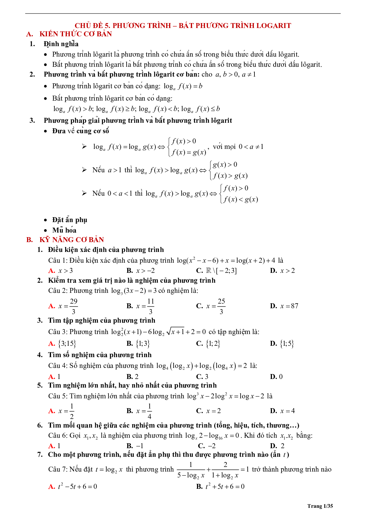 Phương pháp giải phương trình và bất phương trình logarit 2023 (lý thuyết và bài tập) (trang 1)
