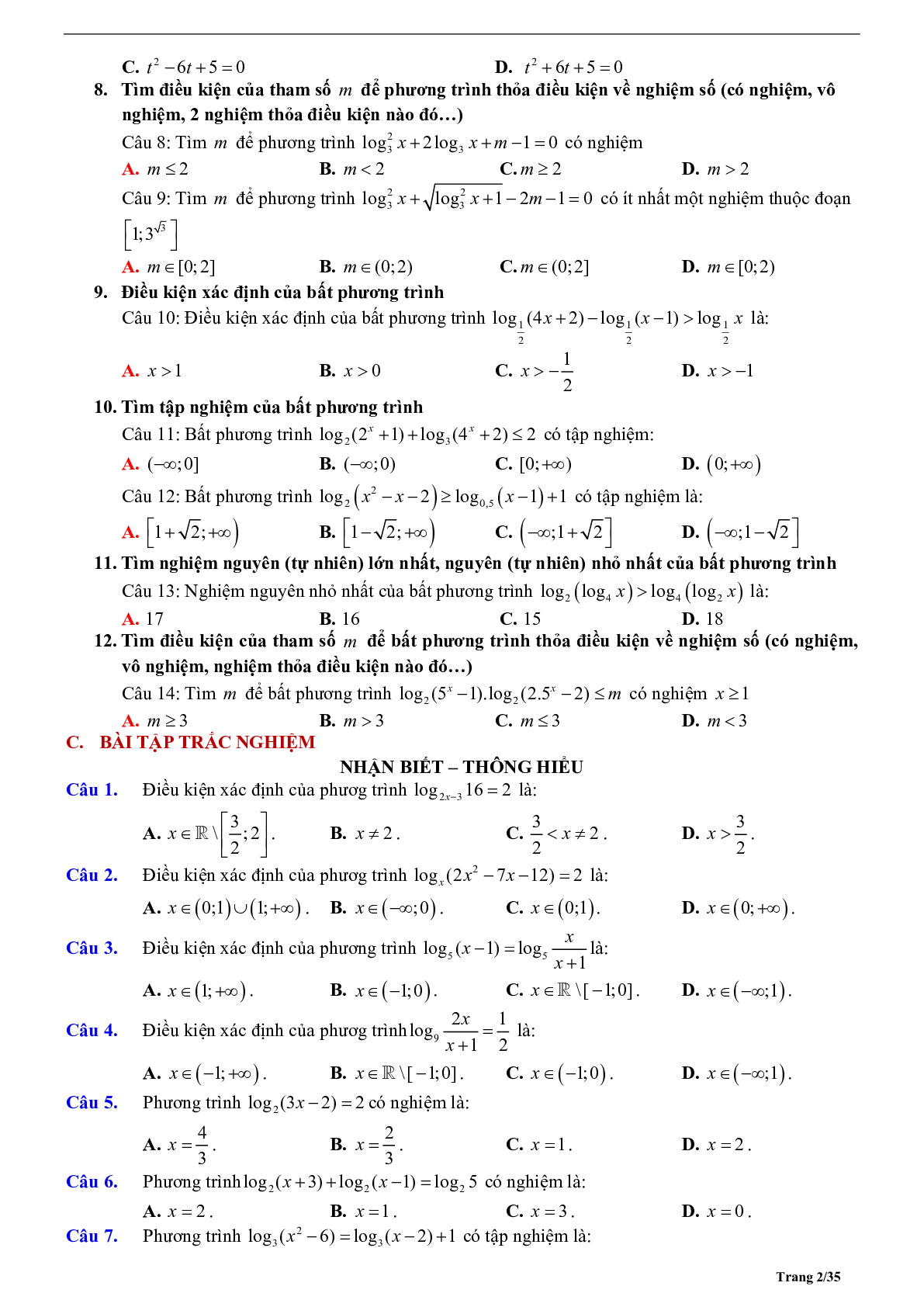 Phương pháp giải phương trình và bất phương trình logarit 2023 (lý thuyết và bài tập) (trang 2)
