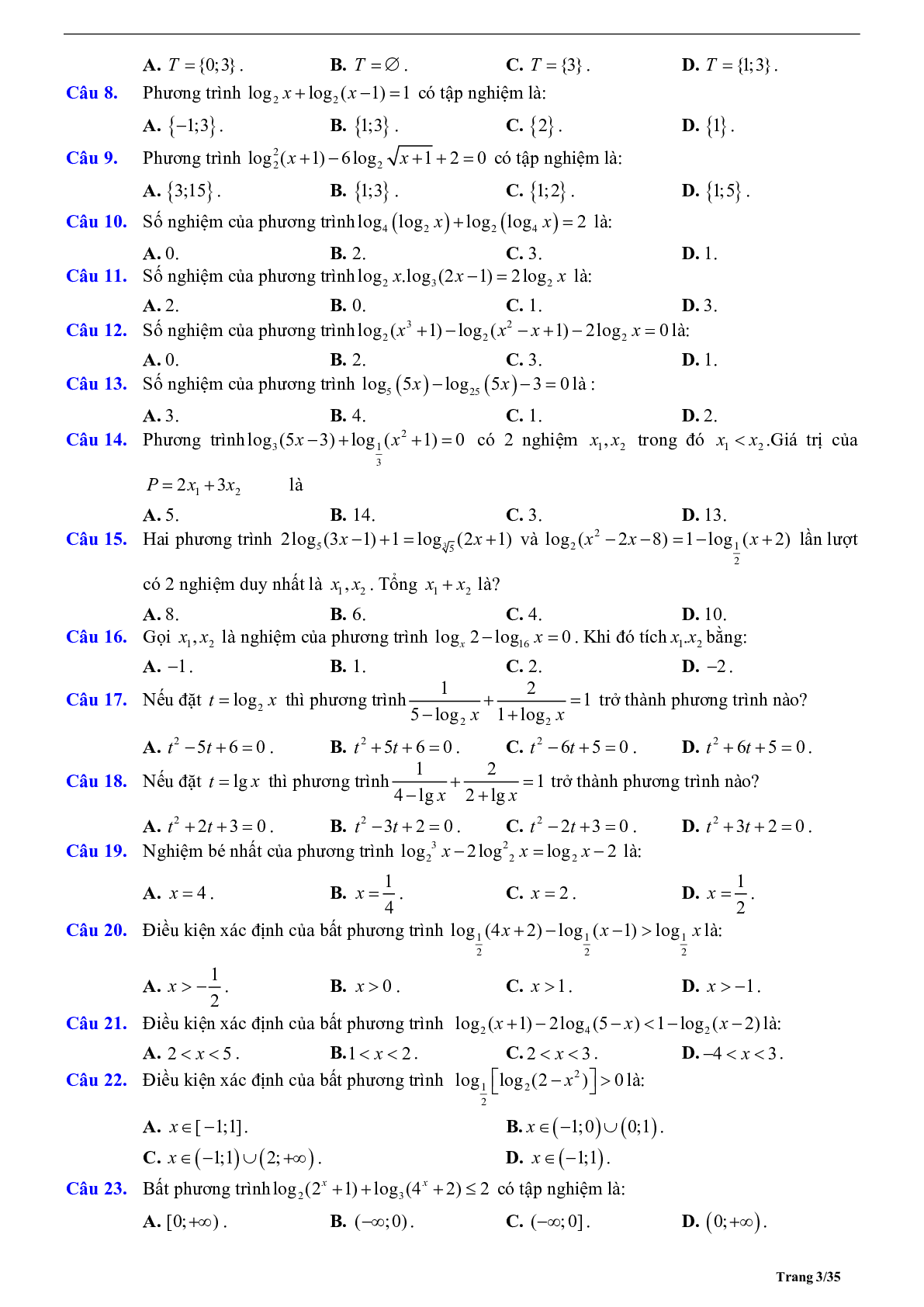 Phương pháp giải phương trình và bất phương trình logarit 2023 (lý thuyết và bài tập) (trang 3)