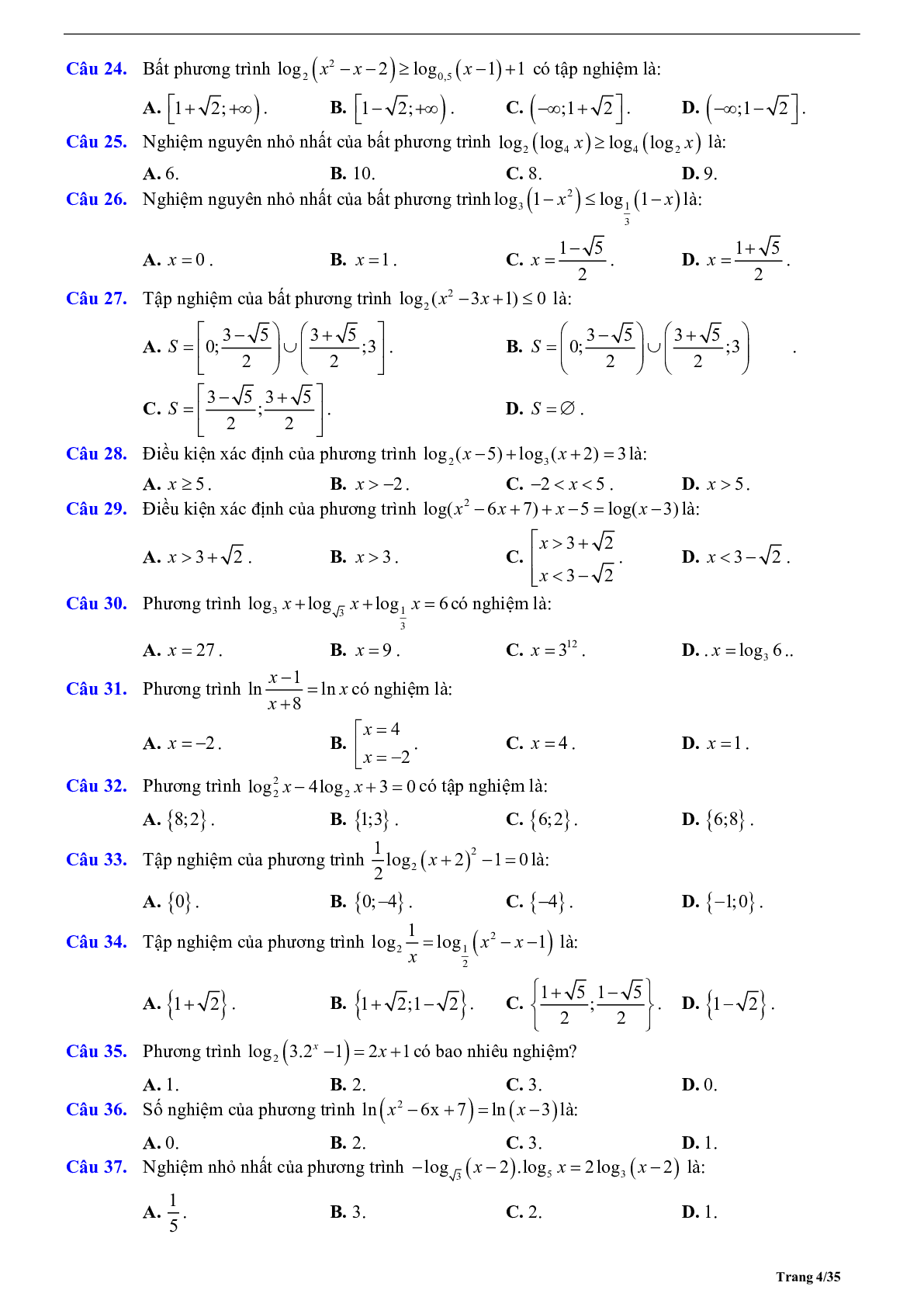 Phương pháp giải phương trình và bất phương trình logarit 2023 (lý thuyết và bài tập) (trang 4)