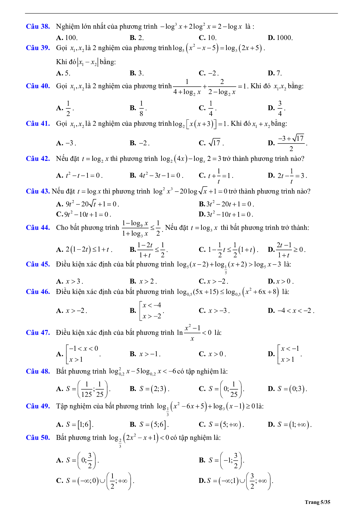 Phương pháp giải phương trình và bất phương trình logarit 2023 (lý thuyết và bài tập) (trang 5)
