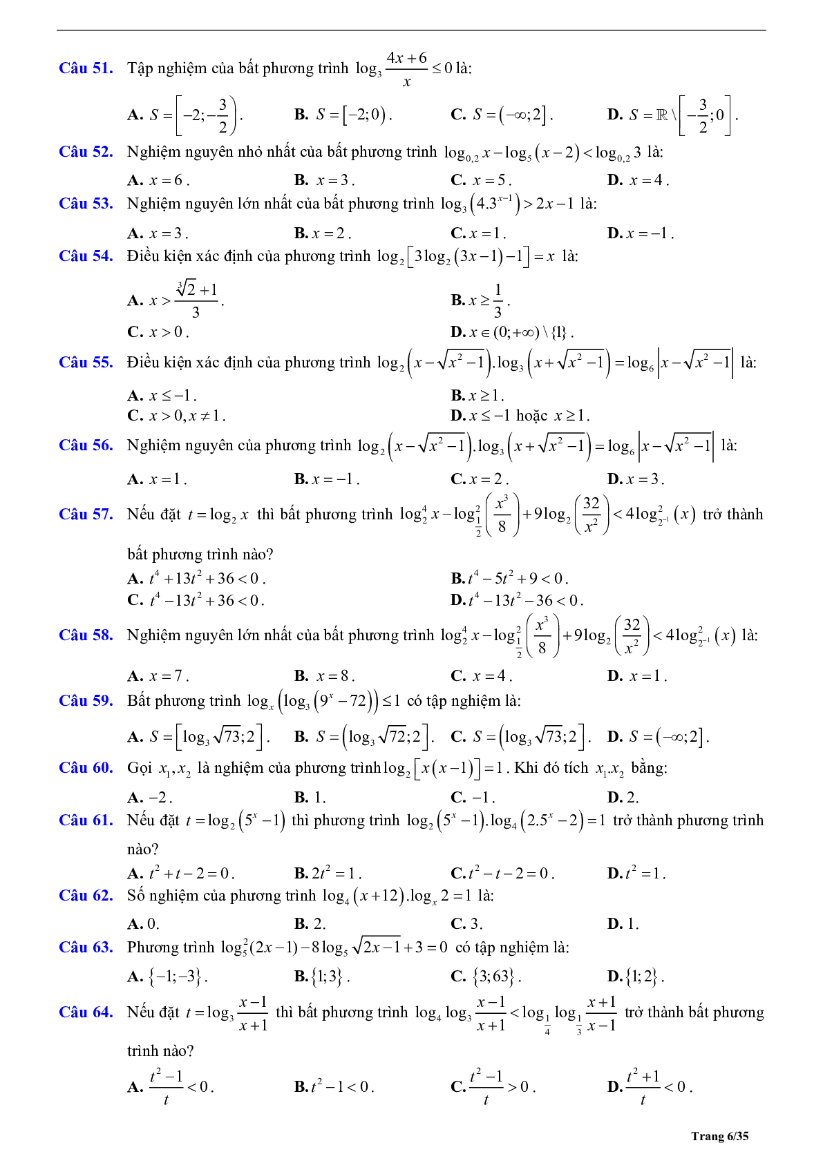 Phương pháp giải phương trình và bất phương trình logarit 2023 (lý thuyết và bài tập) (trang 6)