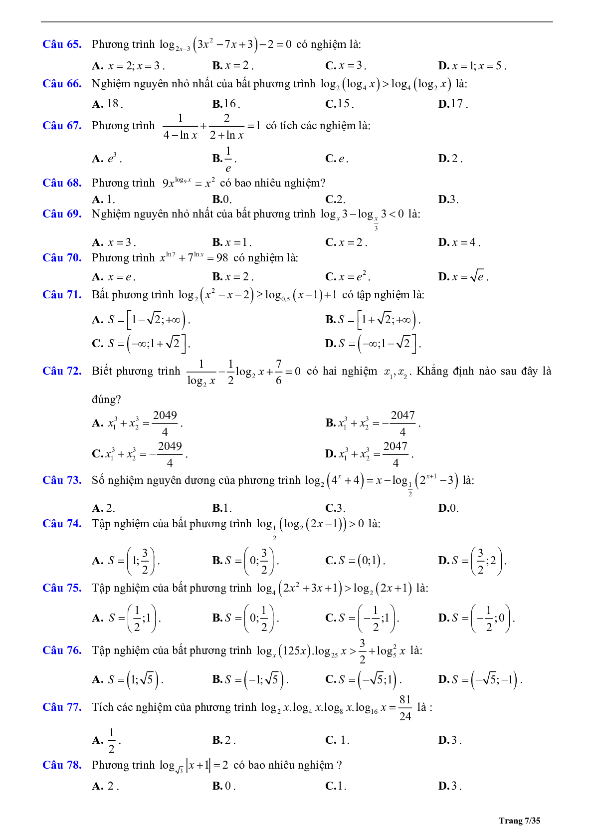 Phương pháp giải phương trình và bất phương trình logarit 2023 (lý thuyết và bài tập) (trang 7)