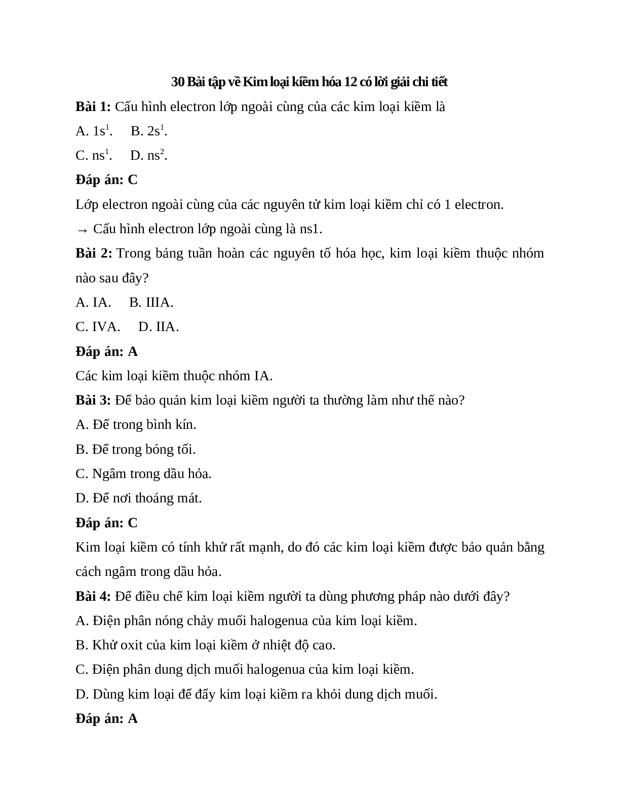 30 Bài tập về Kim loại kiềm hóa 12 có lời giải chi tiết (trang 1)