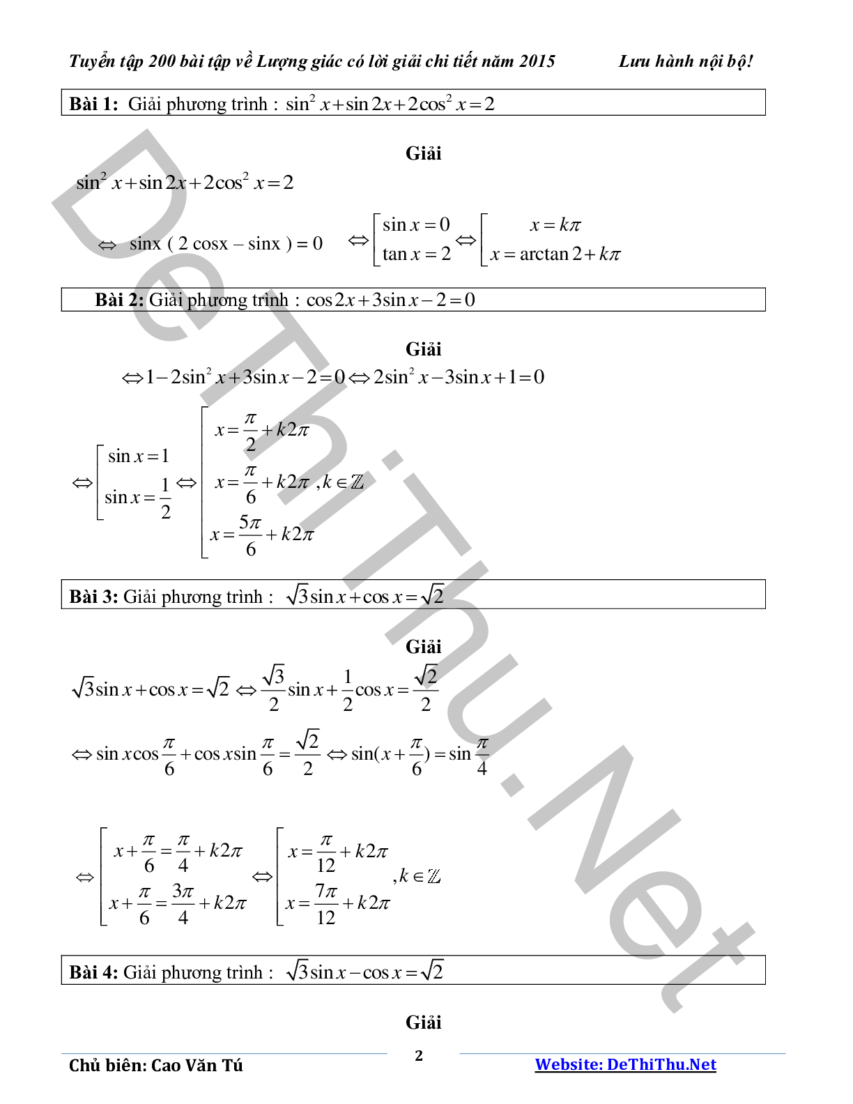 Tuyển tập 200 bài tập lượng giác có lời giải chi tiết năm 2015 (trang 2)